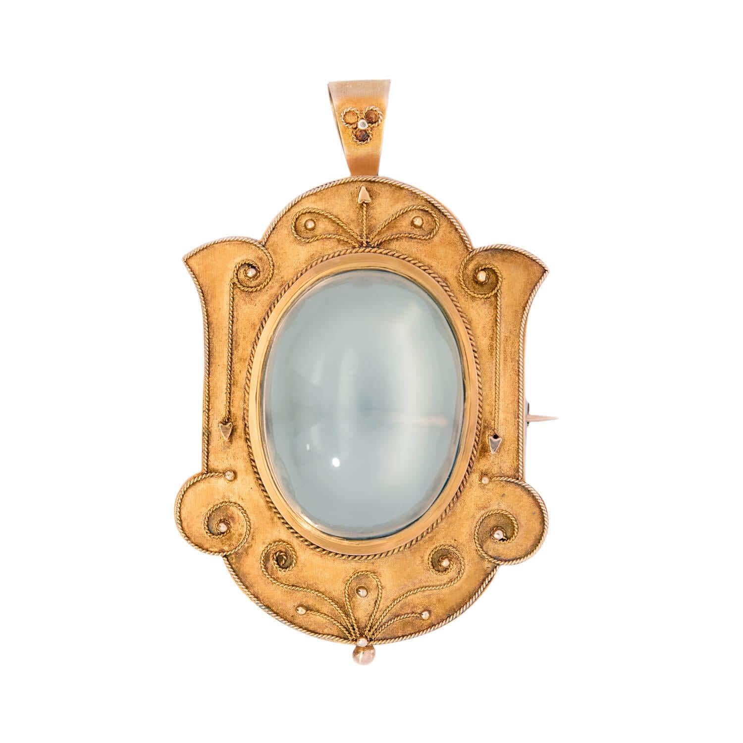Victorian Style 15k Gold Moonstone Etruscan Wirework Brooch Pin & Pendant Necklace - Elegant Vintage Jewelry for Weddings, Parties & Special Occasions