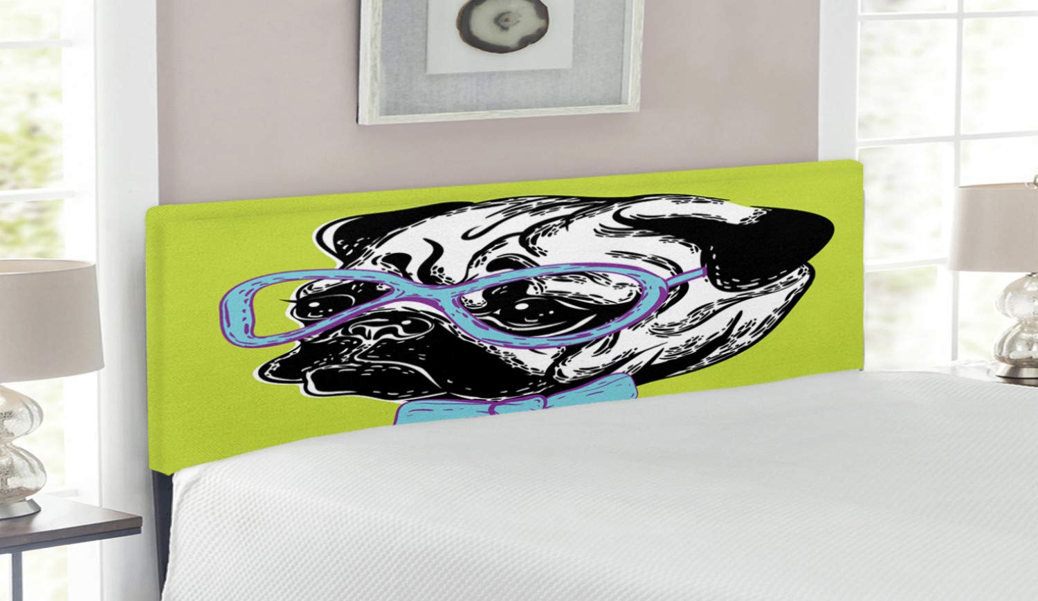 Ambesonne Pug Dog Headboard - Queen Size Upholstered Metal Bed Frame with Memory Foam, Pastel Green & Blue Pet Lover Design Featuring Pug in Bow Tie & Glasses - Perfect for Dog Lovers' Bedroom Decor & Cozy Pet-Themed Home Interiors