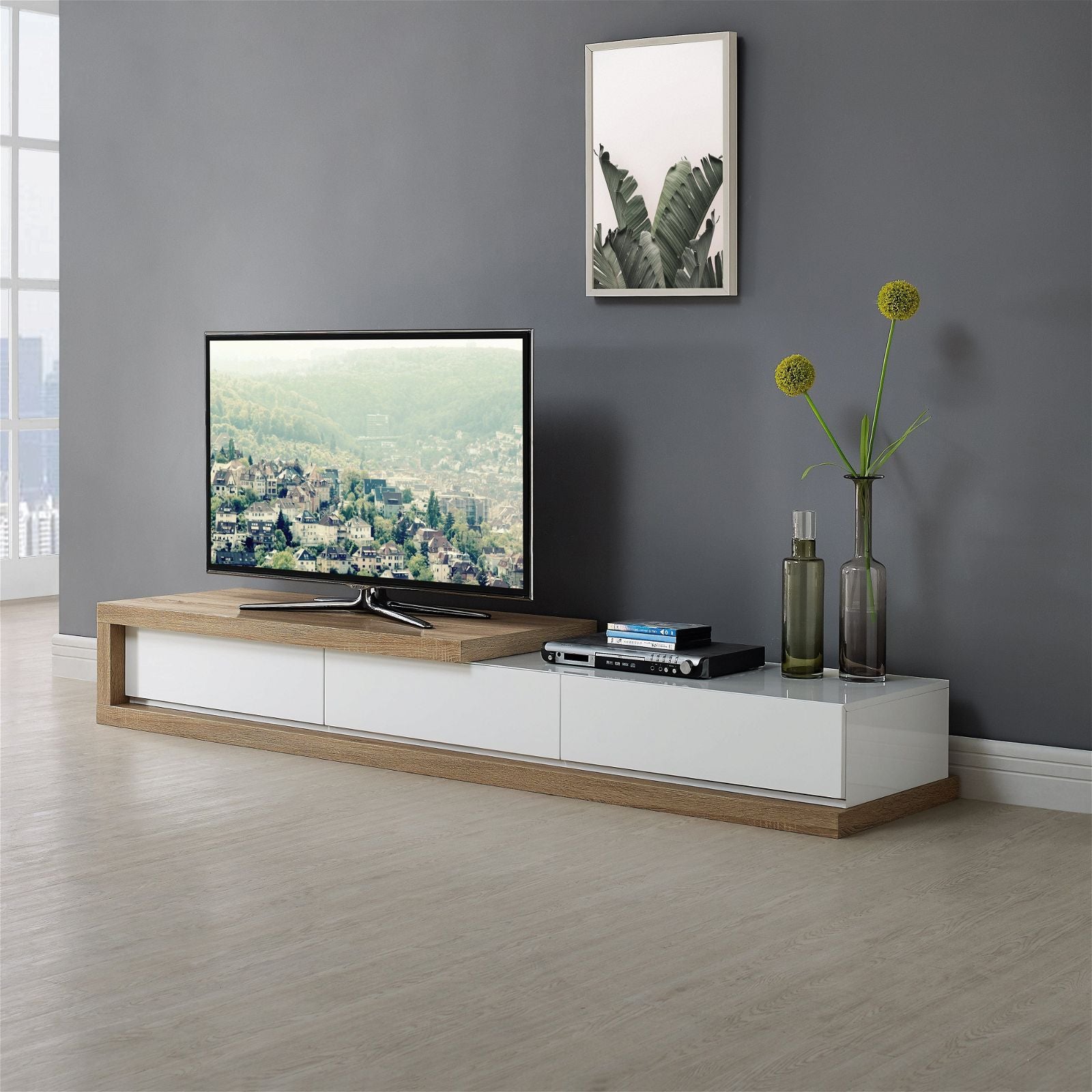 Criterion™ Expandable TV Stand with Concertina Design in Solid Oak - Perfect for Living Room, Home Theater & Entertainment Centers