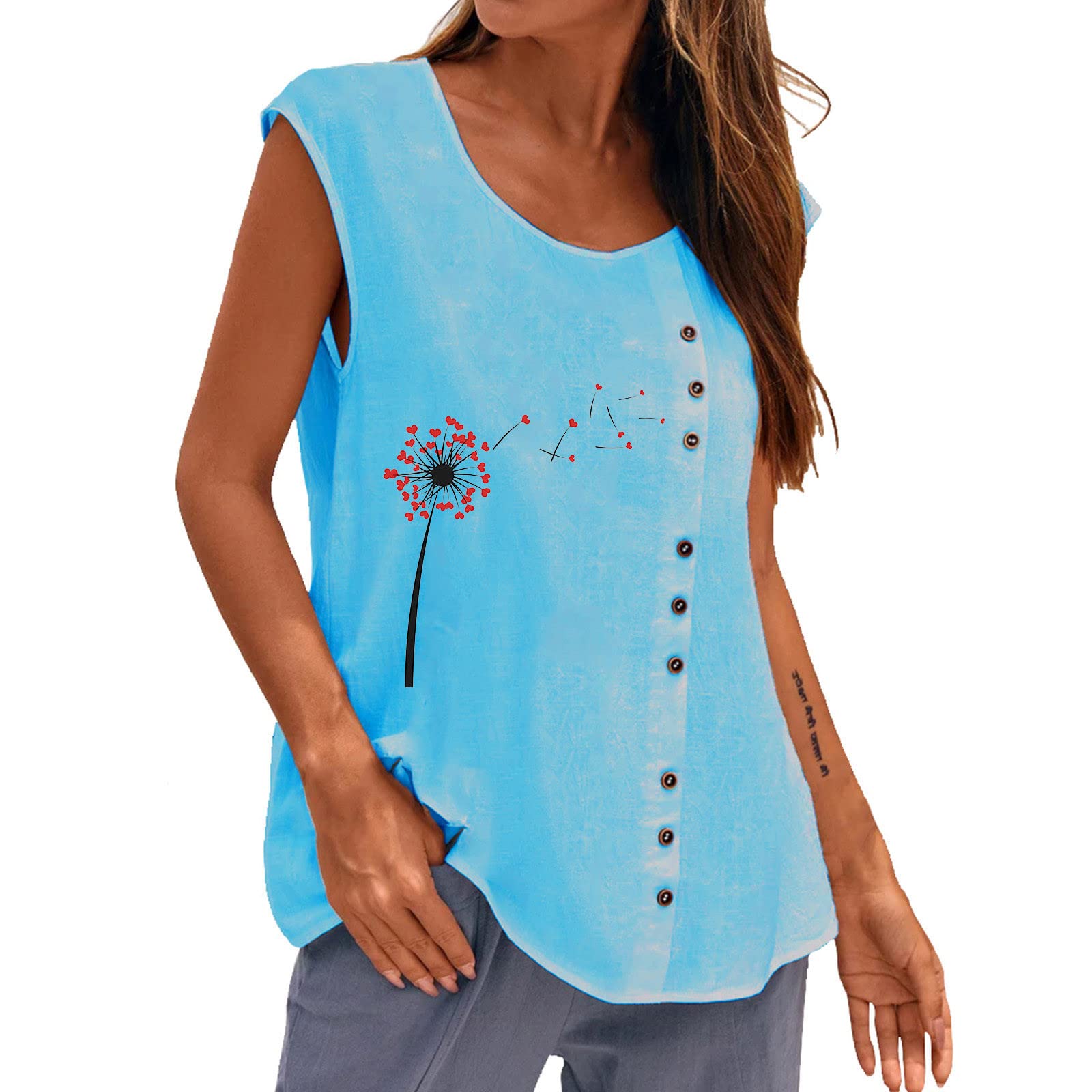 Women's Sexy Crewneck Sleeveless Tank Tops - Summer Casual Loose Fit Cotton Linen Henley Blouses | Perfect for Beach Outings, Date Nights & Summer Vacations