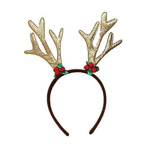 Christmas Gold Glitter Reindeer Antlers and Holly Alice Hair Band Headband - Festive Party Accessory for Women Girls Holiday Photo Shoot