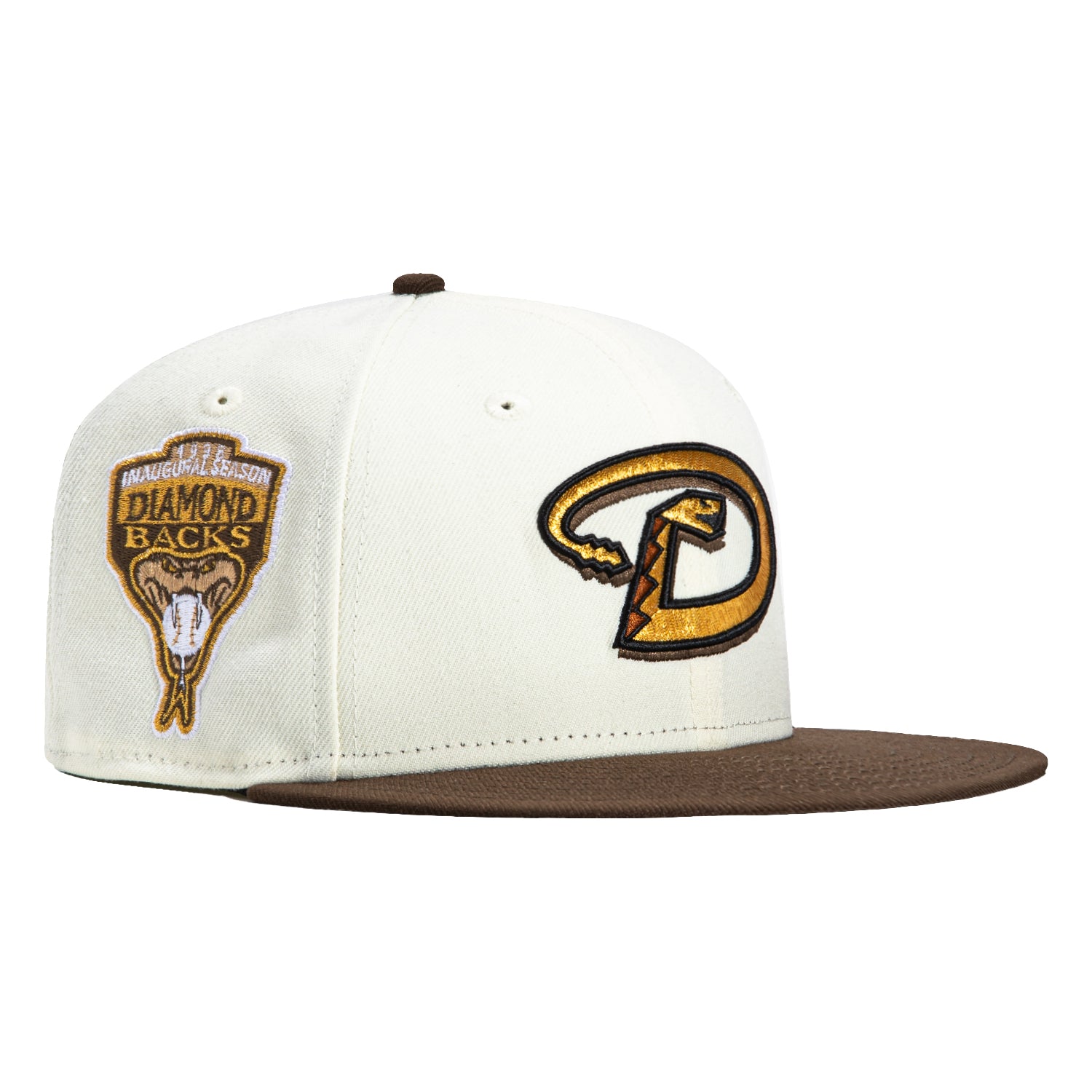 New Era 59Fifty Arizona Diamondbacks MLB Baseball Cap with Inaugural Patch - White & Brown Snapback Hat for Men, Women | Game Day, Sports Fan Gift, Casual Wear