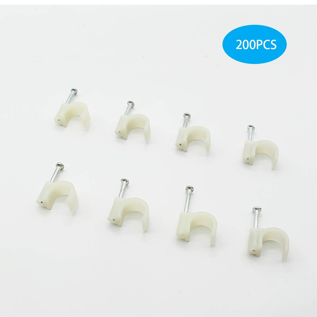 200-Pack White Cable Wire Clips with Round Steel Nails - 10mm Nail-in Cable Organizers for Ethernet, RG6, RG59, CAT6 & RJ45 Cables - Perfect for Home Office, Data Centers & Cable Management