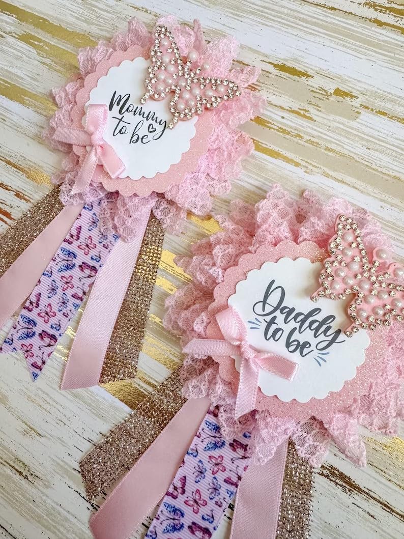 Pink Butterfly Baby Shower Pins for Mommy & Daddy to Be - Cute Baby Shower Guest Pins - Perfect for Gender Reveal Parties, Baby Showers & Maternity Celebrations