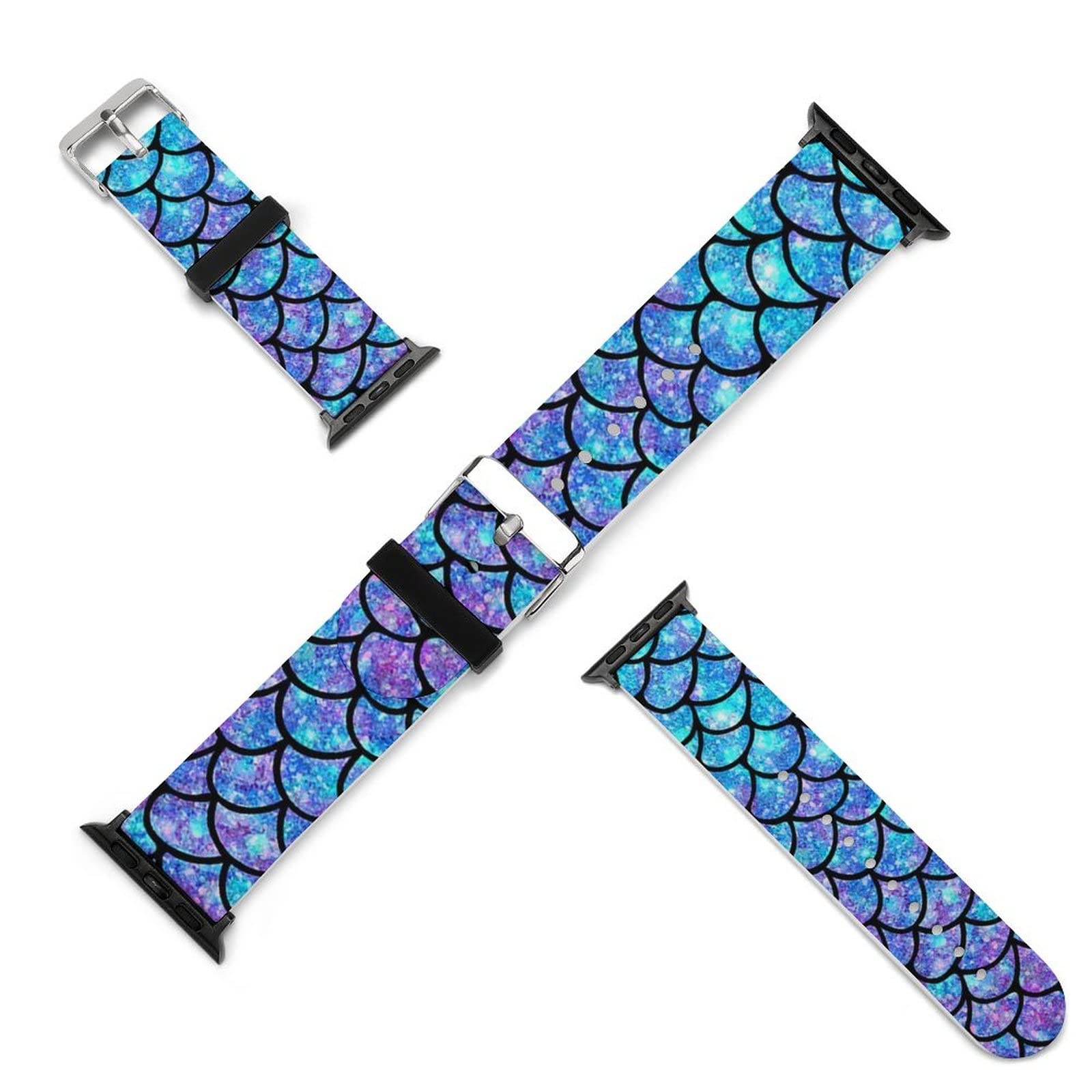 Ombre Mermaid Teal Purple Fish Scale Apple Watch Band - Silicone Replacement Strap Compatible with iWatch Series 5/4/3/2/1 & SE - Stylish Unisex Wristband for Workouts, Swimming & Everyday Wear