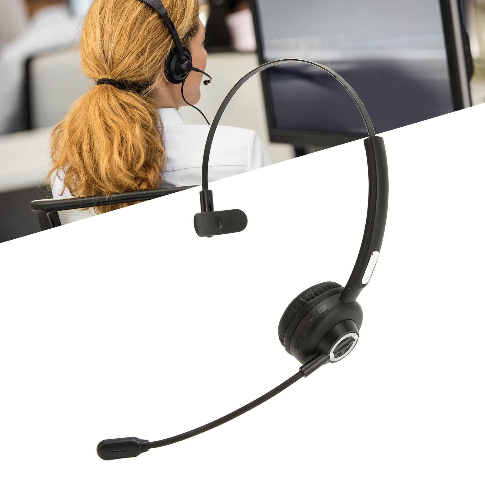 Single Ear 5.0 Bluetooth Headset with Microphone & Charging Base - Noise Canceling On-Ear Headphones for Cell Phone, PC, Call Center & Office - Perfect for Remote Work, Customer Service & Long Business Calls