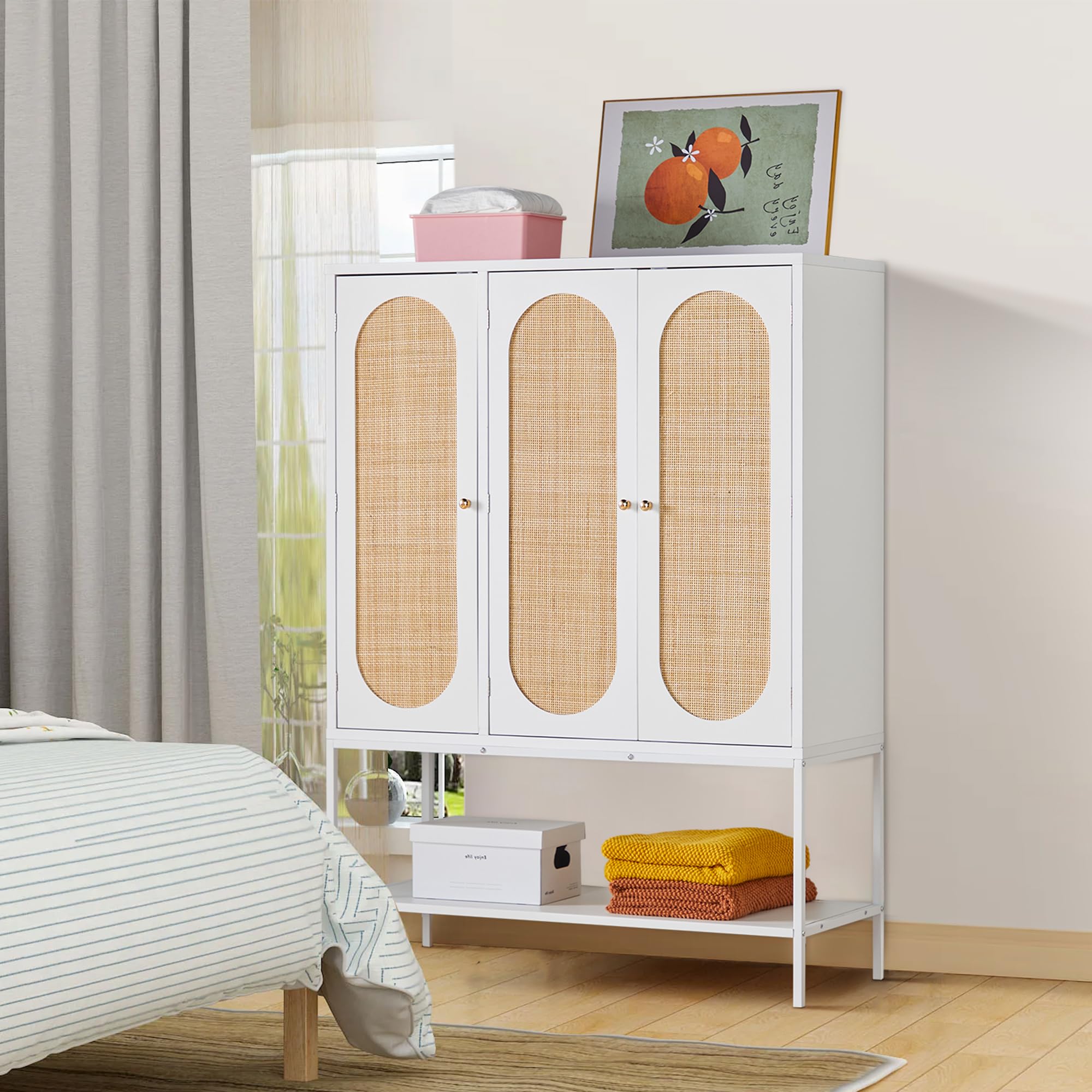 Freestanding Rattan Wardrobe Closet with Storage Cubes & Hanging Rod - 3-Door White Cabinet for Bedroom Organization | Perfect for Small Spaces, Apartments & Dorm Rooms