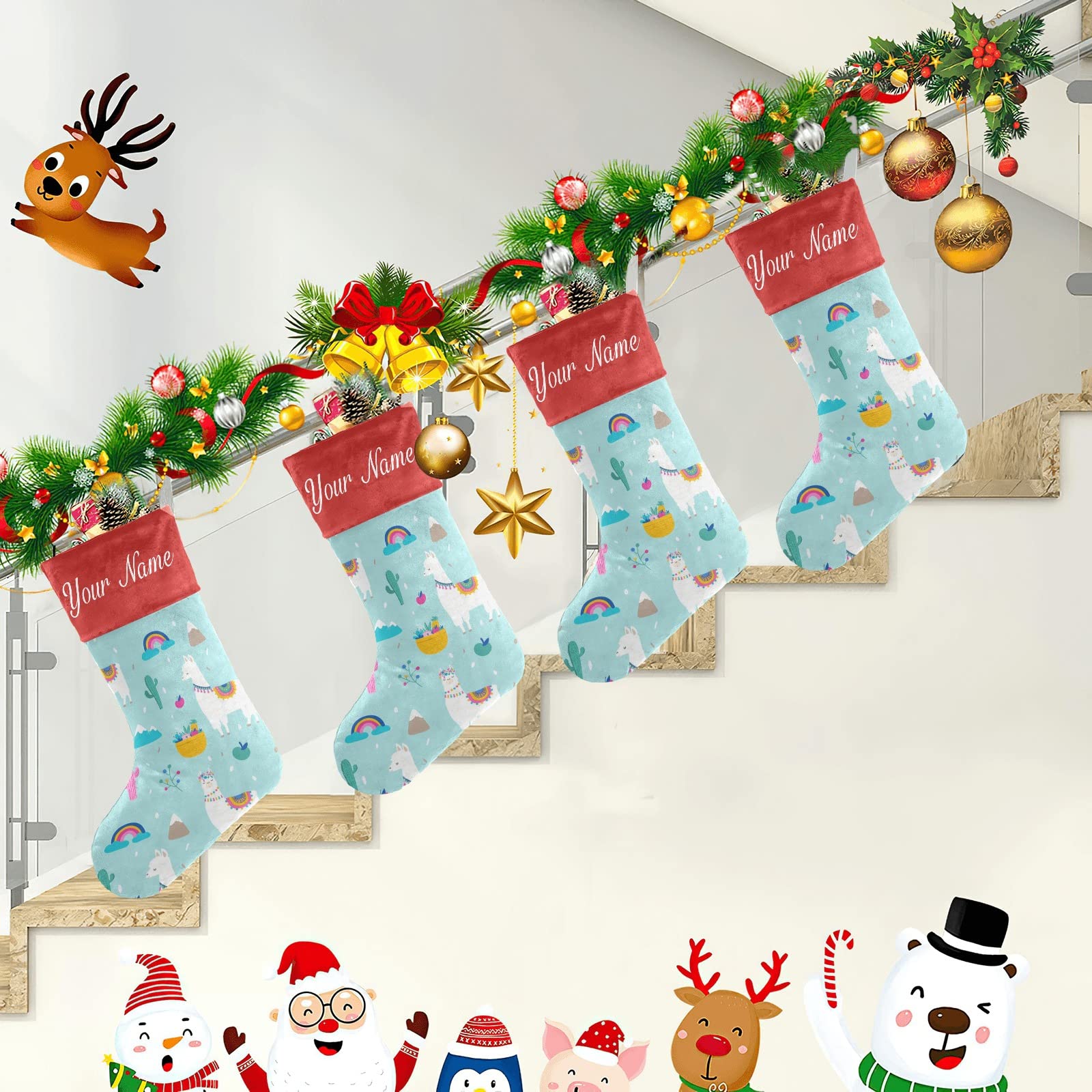 Custom Personalized Llama Alpaca Christmas Stockings with Cactus Leaves Design - 17.52 x 7.87 Inch Holiday Decor for Family Party, Gift Exchange & Fireplace Mantel Decoration