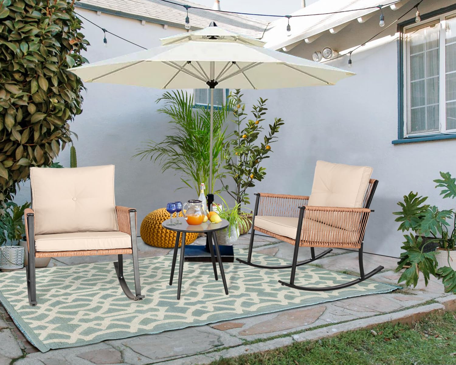 3-Piece Rocking Bistro Set - Oversized Rattan Patio Furniture with Thick Cushions & Coffee Table - Outdoor Conversation Set for Garden, Balcony, Backyard (Tan-Beige) - Perfect for Relaxing, Entertaining & Enjoying Morning Coffee in Your Outdoor Space