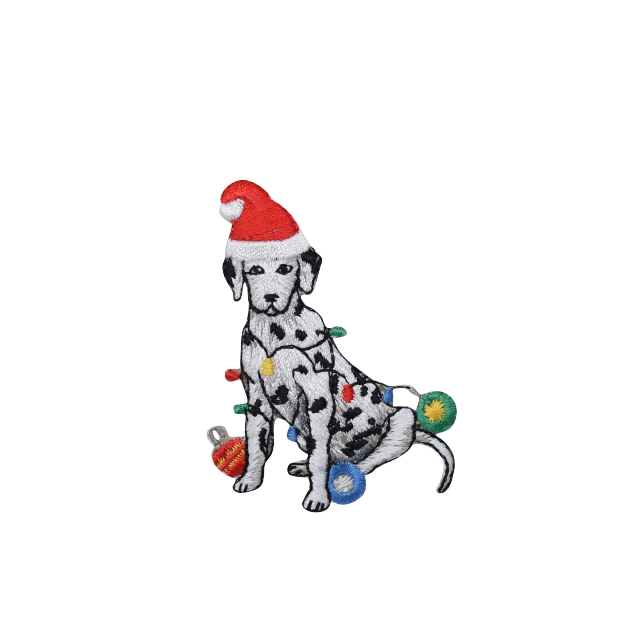 Christmas Dalmatian Puppy Iron On Patch with Santa Hat & Lights - Embroidered Dog Applique for DIY Crafts, Holiday Sweaters & Gift Decorations