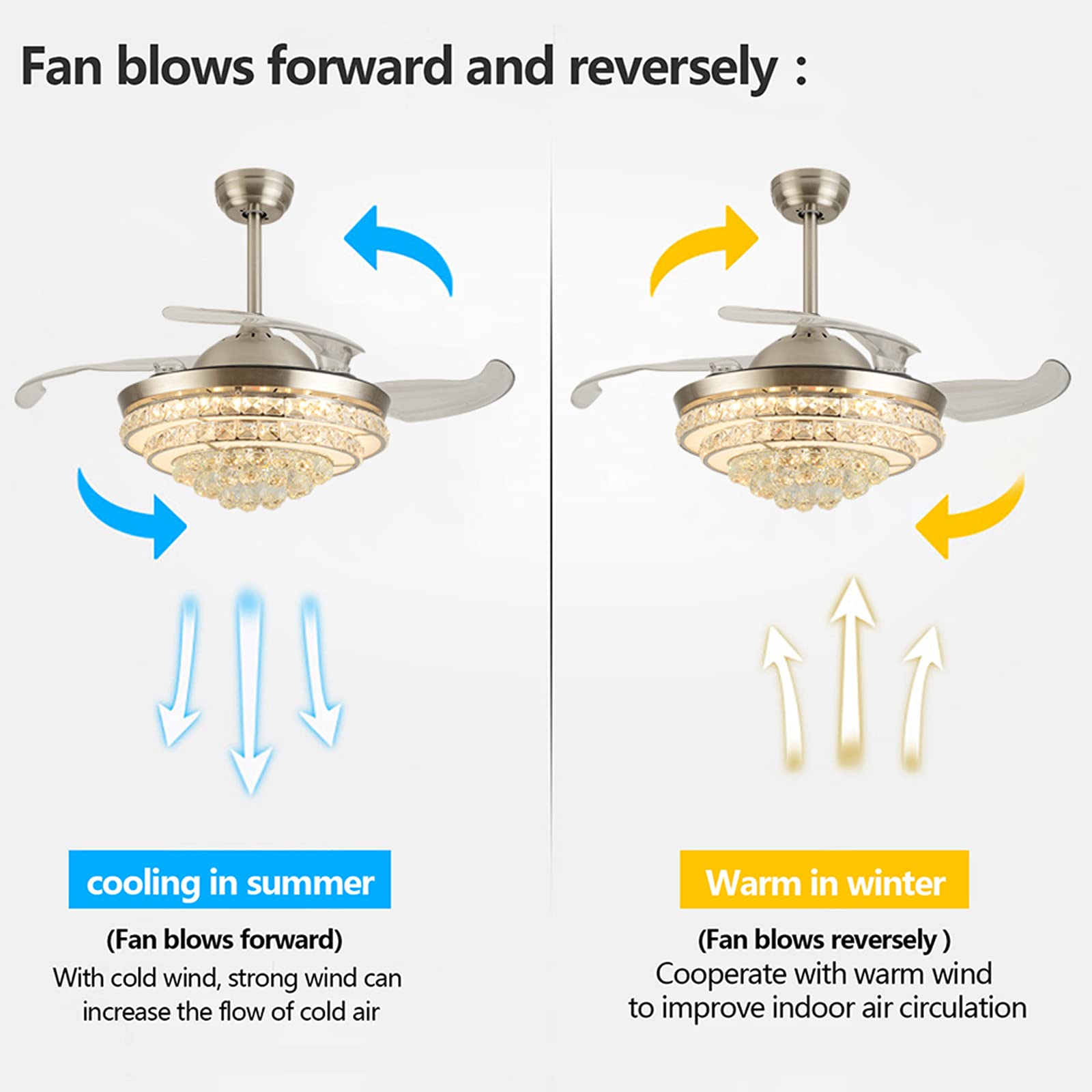 42 Inch Retractable Crystal Ceiling Fan with Remote Control - 3 Speed LED Chandelier Fan, Ultra Quiet Modern Invisible Ceiling Fan Light for Living Room, Dining Room, Bedroom - Silver | Perfect for Home Cooling & Stylish Lighting