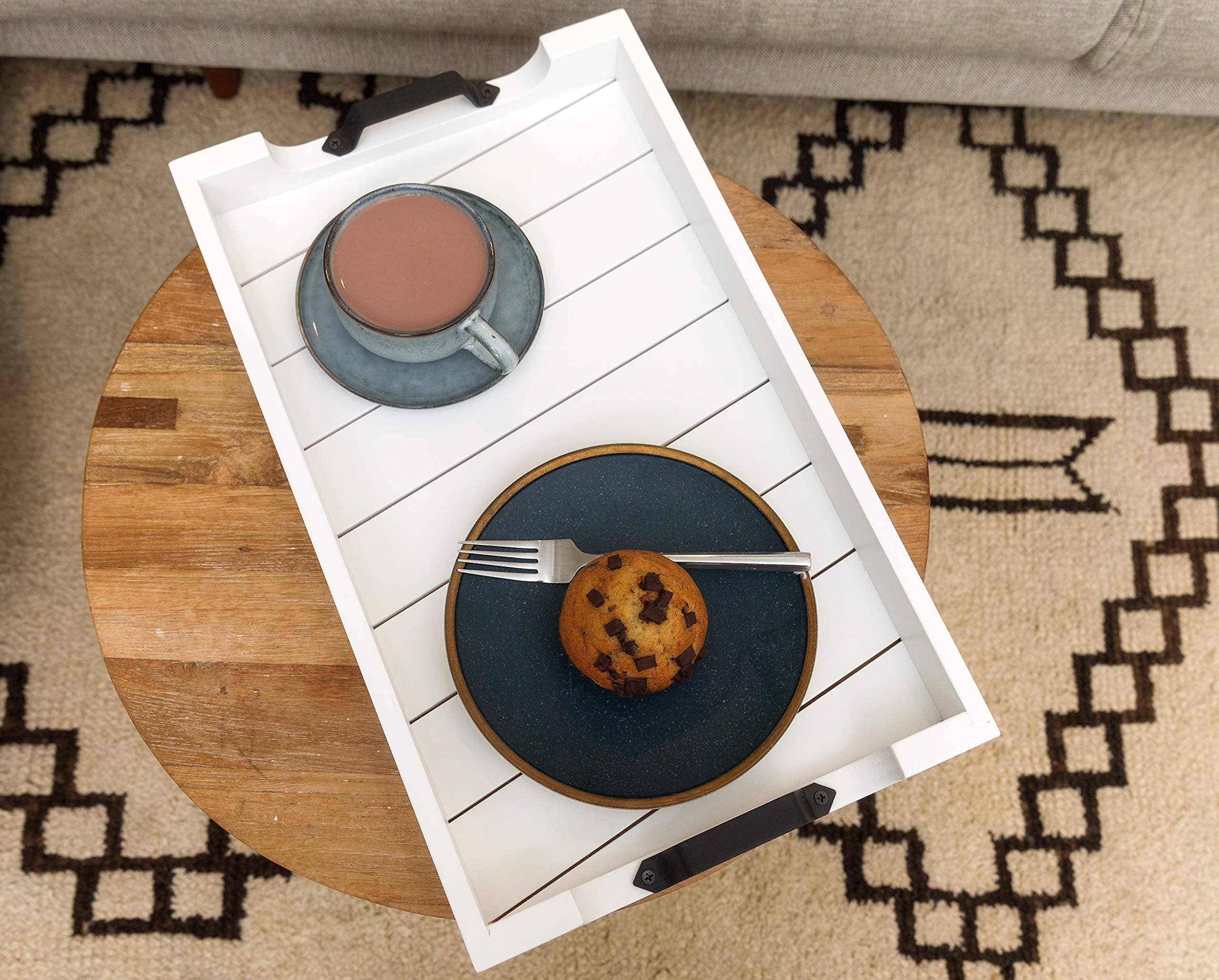 Bamboo Land - Large White Wooden Serving Tray with Handles 20