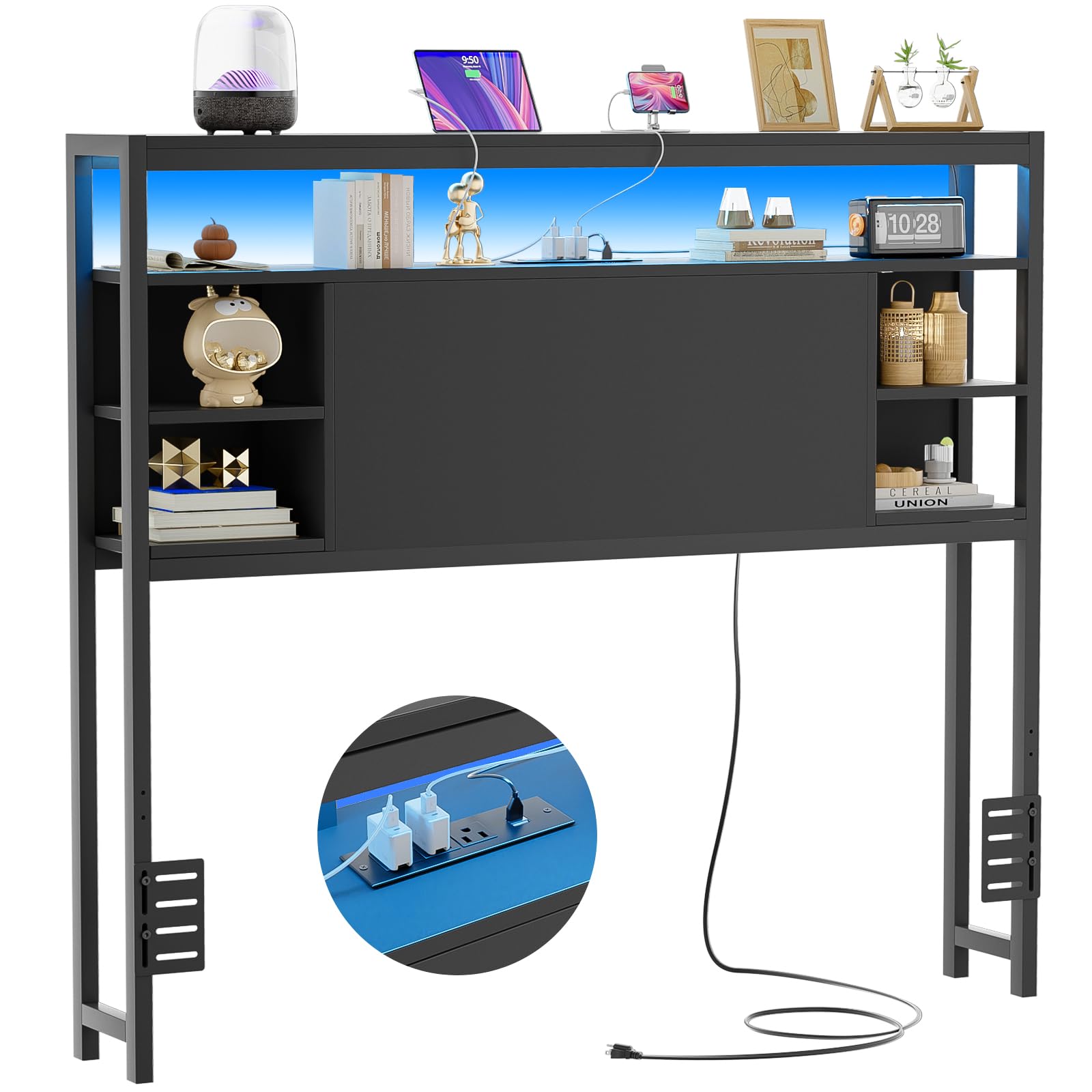 Twin Headboard with Storage, USB Power Outlets & Smart LED Lights - Sturdy Bed Headboard for Twin Size Beds - Perfect for Bedrooms, Dorm Rooms & Guest Rooms (Black) | Modern Bedroom Upgrade with Convenient Charging & Ambient Lighting