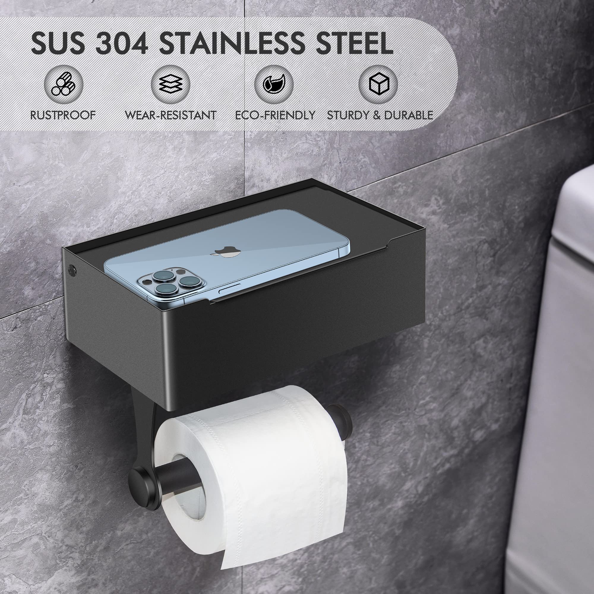 Matte Black Toilet Paper Holder with Storage Shelf - Wall Mount Bathroom Tissue Dispenser & Flushable Wipes Organizer - Space Saving Solution for Small Bathrooms, RVs and Powder Rooms