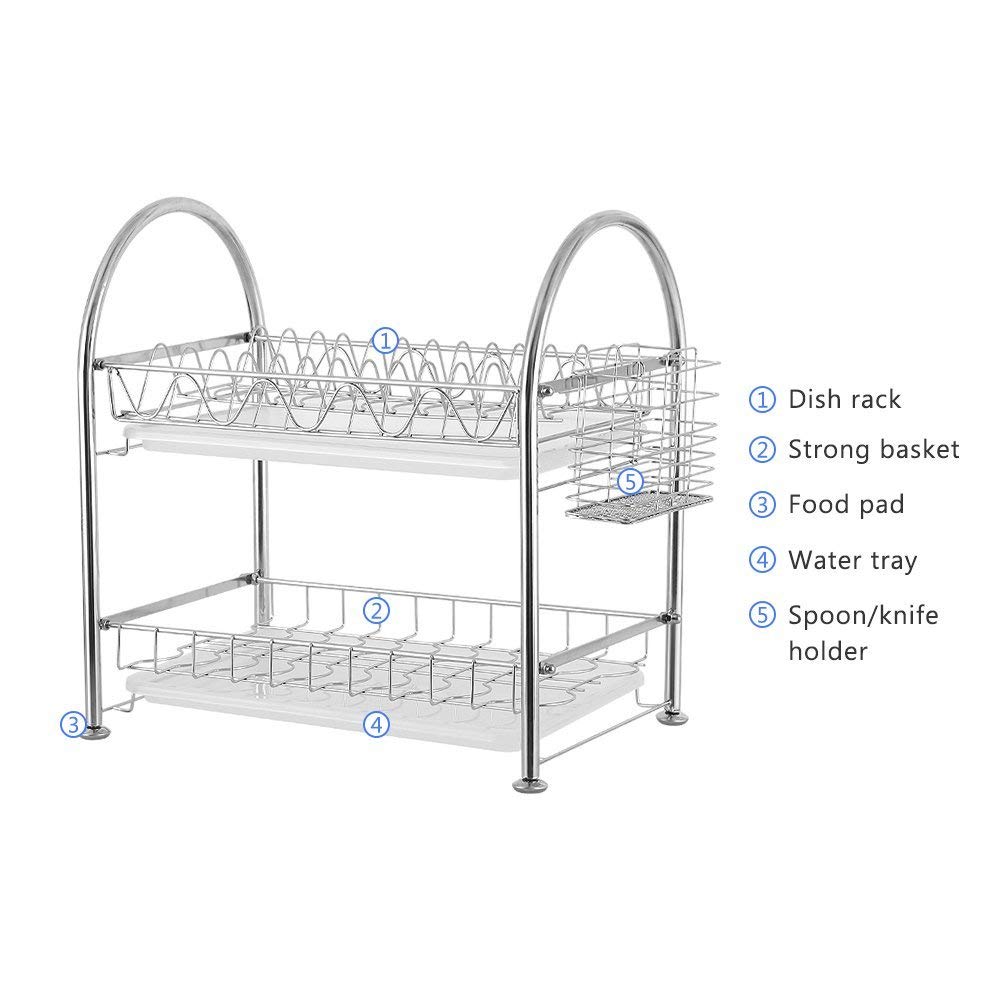 Melos 2-Tier Stainless Steel Dish Drying Rack with Drainboard - Large Kitchen Counter Organizer with Utensil Holder, Water Tray & Cup Holder (Silver) | Space-Saving Dish Drainer for Small Kitchens & Apartment Living