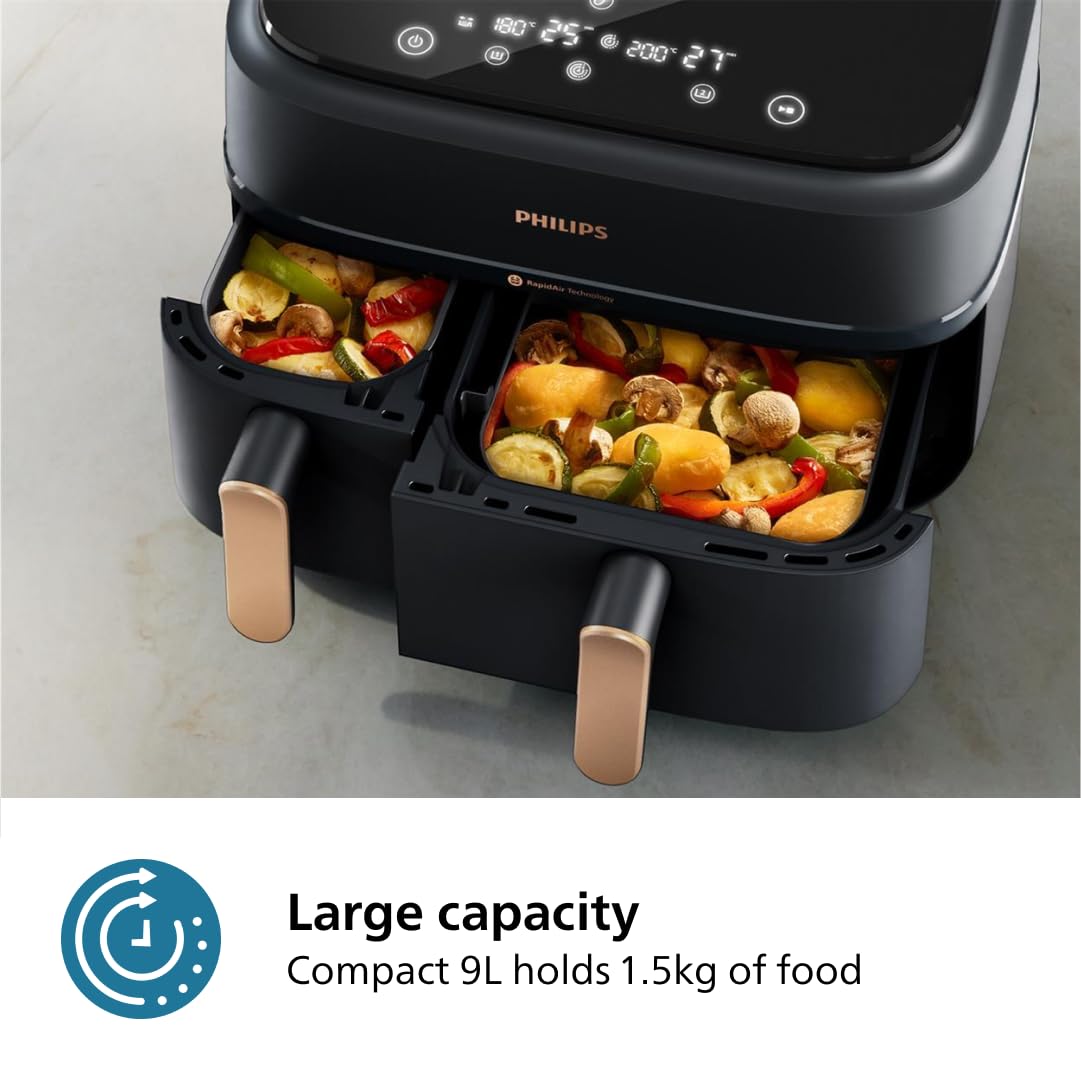 Philips Dual Basket Air Fryer 3000 Series - 8-in-1 Functions, 9.5 Quart Capacity, 2 Drawers with Auto-Sync Cooking | 90% Less Fat, Rapid Air Technology | HomeID Recipe App, Dishwasher Safe | Perfect for Family Meals, Healthy Snacks & Party Cooking (Black, Model NA350/00)
