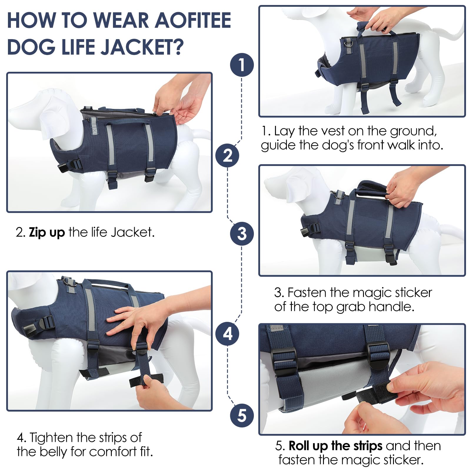 **AOFITEE Dog Life Jacket - High Flotation Adjustable Pet Vest for Swimming & Water Safety, Reflective Dog Life Vest with Zipper & Rescue Handle for Small, Medium, Large Dogs - Perfect for Boating, Beach & Pool Adventures**