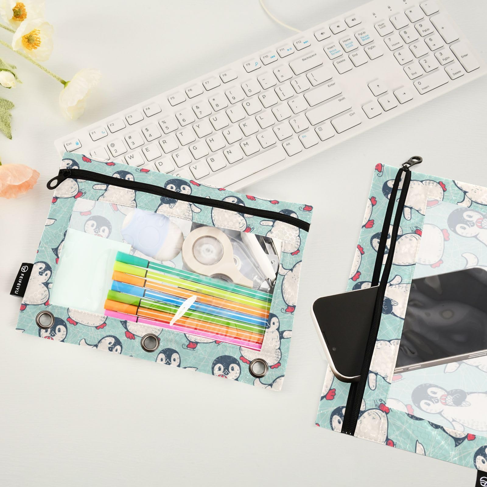2 Pack Cute Penguins Pencil Pouch with Clear Window & Zipper for 3 Ring Binder - School, Office & College Supplies for Daily Organization
