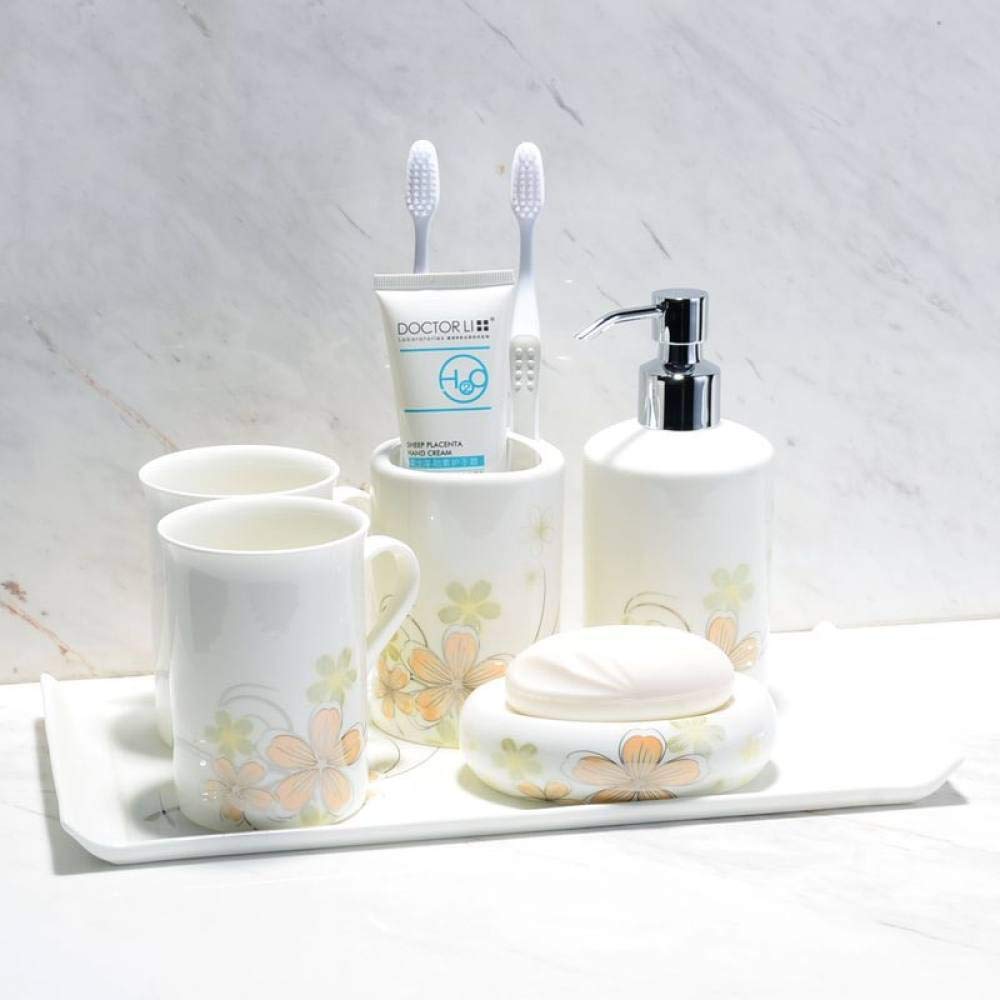 Vintage Ceramic Bathroom Accessories Set - 6 Piece Yellow Floral Vanity Decor with Soap Dispenser, Tray, 2 Cups, Toothbrush Holder & Soap Dish - Perfect for Farmhouse, Cottage & Vintage Style Bathroom Decor