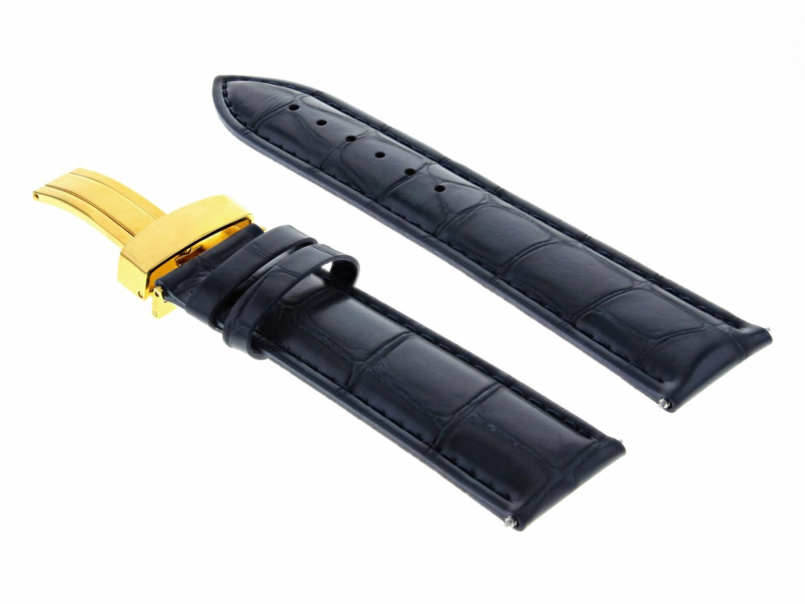 18mm Genuine Leather Watch Band Strap with Deployment Clasp - Dark Blue & Gold - Compatible with Omega Watches | Replacement Strap for Dress Watches, Business & Formal Occasions