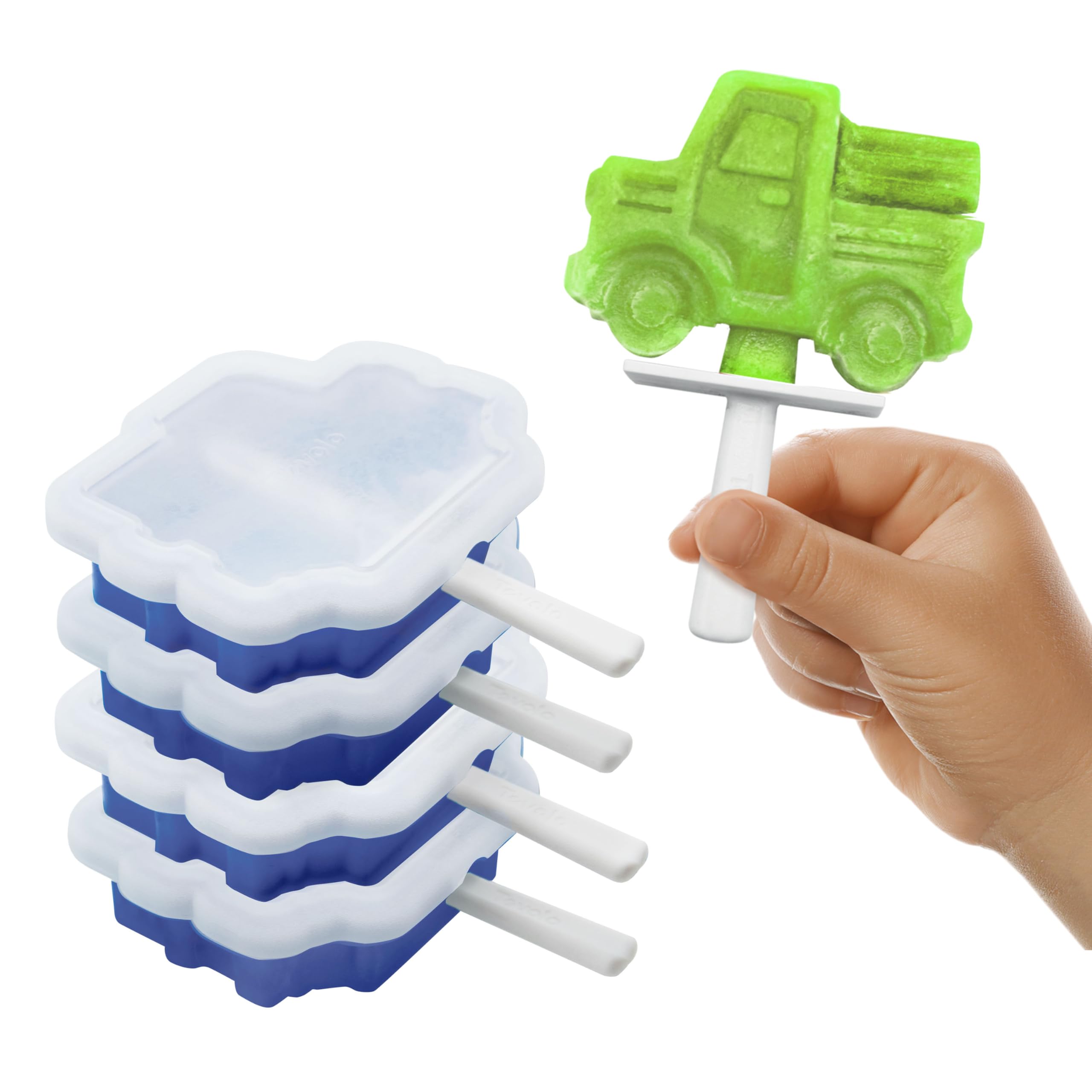 Tovolo Silicone Popsicle Molds with Sticks (4-Pack, Truck Design) - Reusable Ice Pop Molds for Homemade Flavored Ice Pops, Frozen Snacks & Healthy Treats - Stackable Popsicle Maker with Lid, Dishwasher Safe & BPA-Free - Perfect for Summer Parties, Kids Snacks & DIY Frozen Desserts