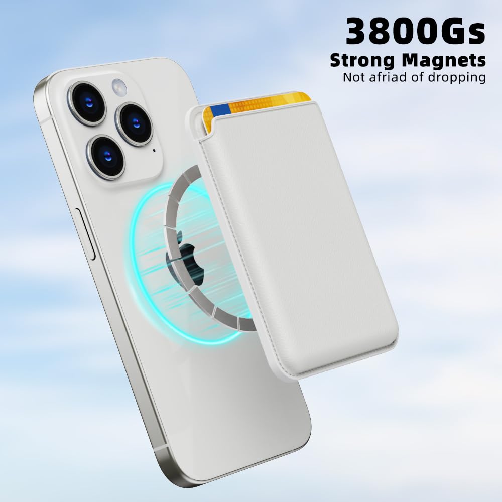 Magnetic Leather Wallet for iPhone 16/15/14/13/12 Series - Slim RFID Blocking Card Holder with Strong Magnet - Perfect for Everyday Use, Travel & Contactless Payments (White)