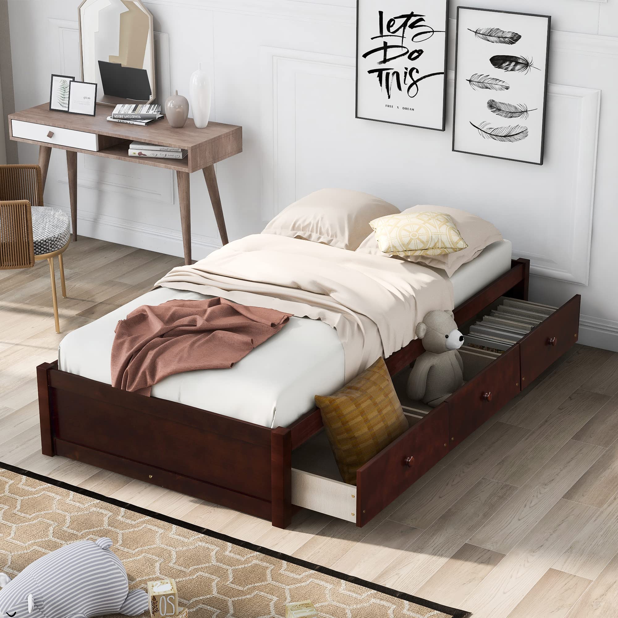 Solid Wood Twin Bed Frame with Storage Drawers - Sturdy Platform Bed for Bedroom & Living Room - Perfect for Kids, Teens, Boys & Girls (Cherry Finish) - Space-Saving Solution for Small Rooms & Apartments