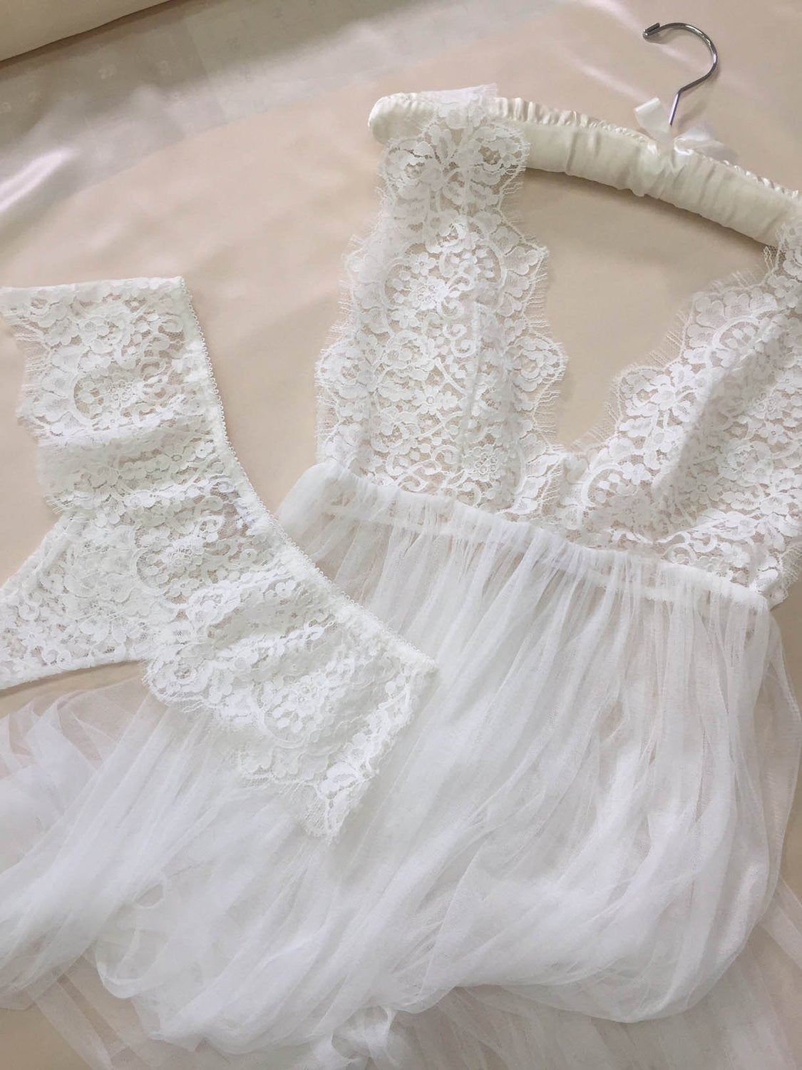 Ivory Jen French Lace & Silk Tulle Wedding Gown – Elegant Bridal Dress for Church Ceremony & Beach Weddings
