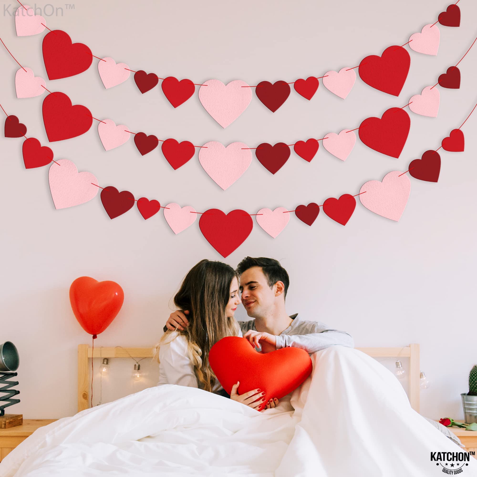 KatchOn Felt Valentine's Day Garland - 3 Strings, 8.2 Feet Red Heart Banner for Wall Decor | Ready-to-Hang Galentine's Day & Valentine's Party Decorations | Perfect for Home, Office, Wedding, Baby Shower & Romantic Events