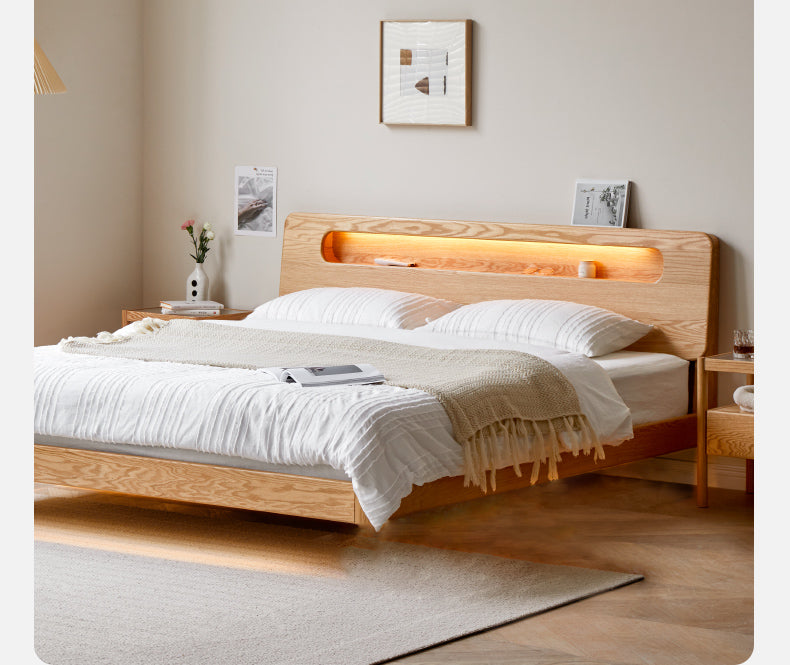 Solid Oak Wood Suspension Luminous Bed - Modern Floating Platform Bed with LED Lighting for Bedroom, Guest Room, or Dorm