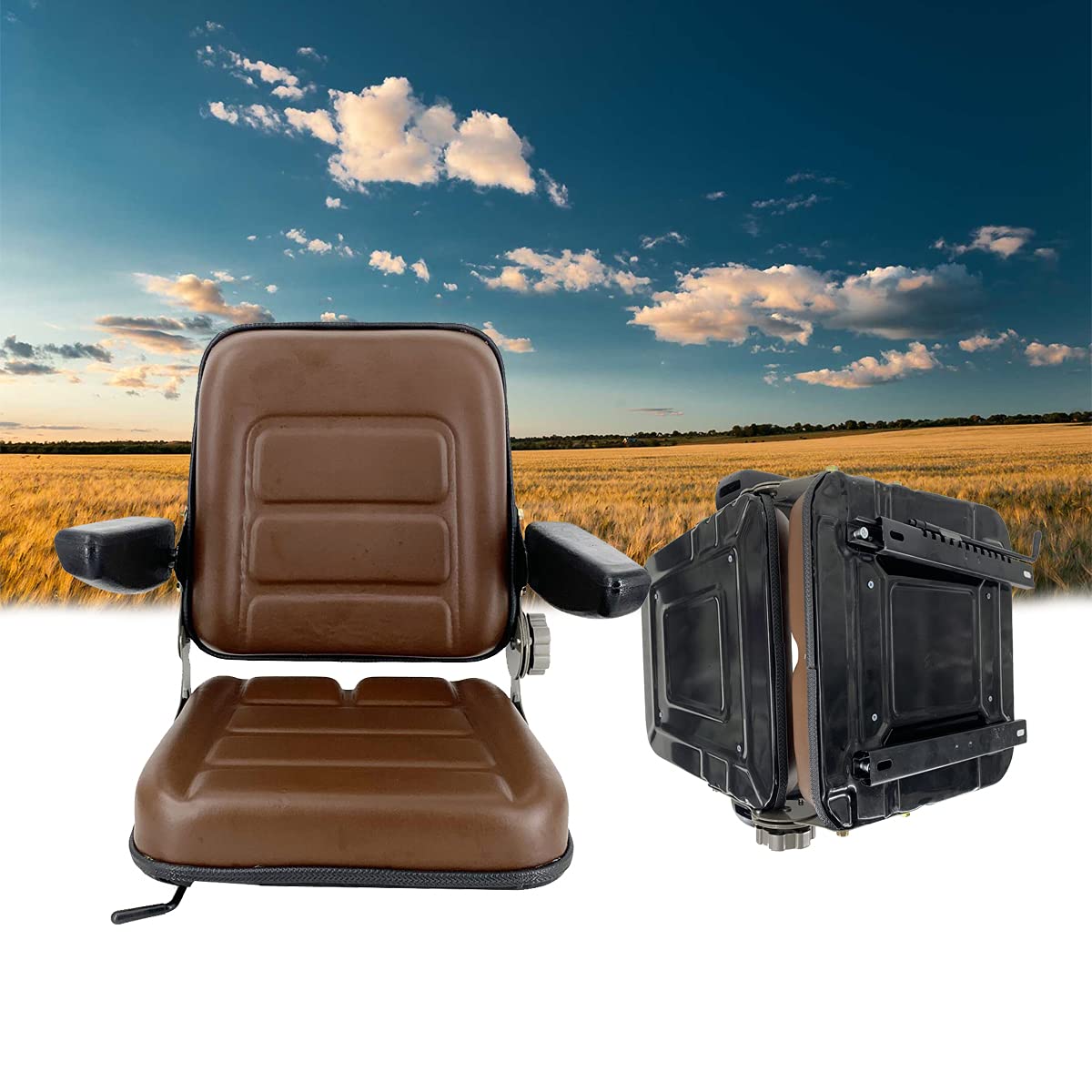 Universal Forklift Seat Replacement - Adjustable Brown Tractor Seat with PVC Cover, Foldable Design & Armrests | Fits Forklifts, Tractors, Skid Steers | Perfect for Construction, Farming & Industrial Equipment Comfort