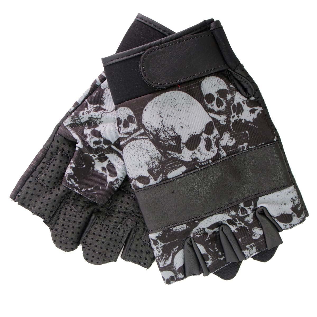Hot Leathers GVM3009 Unisex Black 'Ancient Skulls' Fingerless Motorcycle Gloves - Large Size for Men & Women - Perfect for Biking, Riding, and Outdoor Adventures