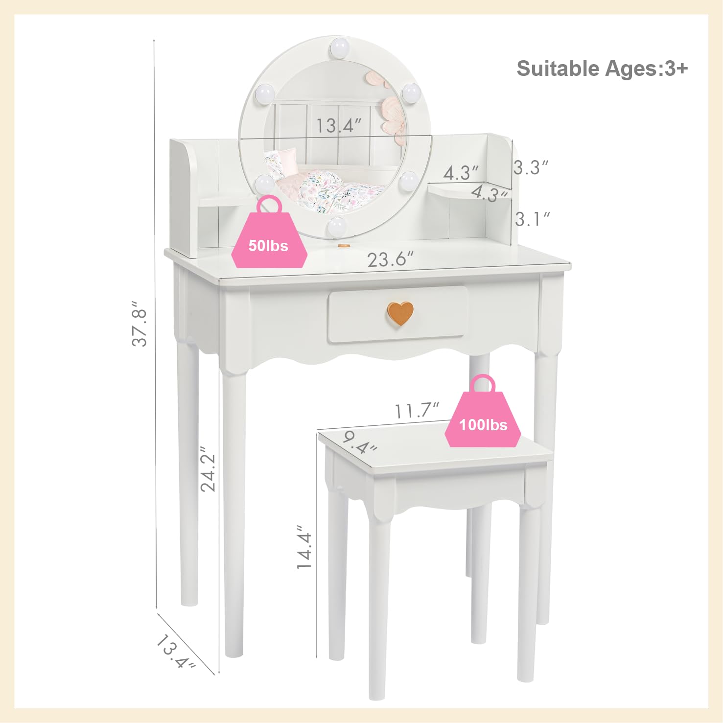 UTEX Kids Vanity Set with Mirror, Stool & Lights - Wooden Princess Makeup Desk & Dressing Table for Girls (White) | Pretend Play, Birthday Gift & Room Decor