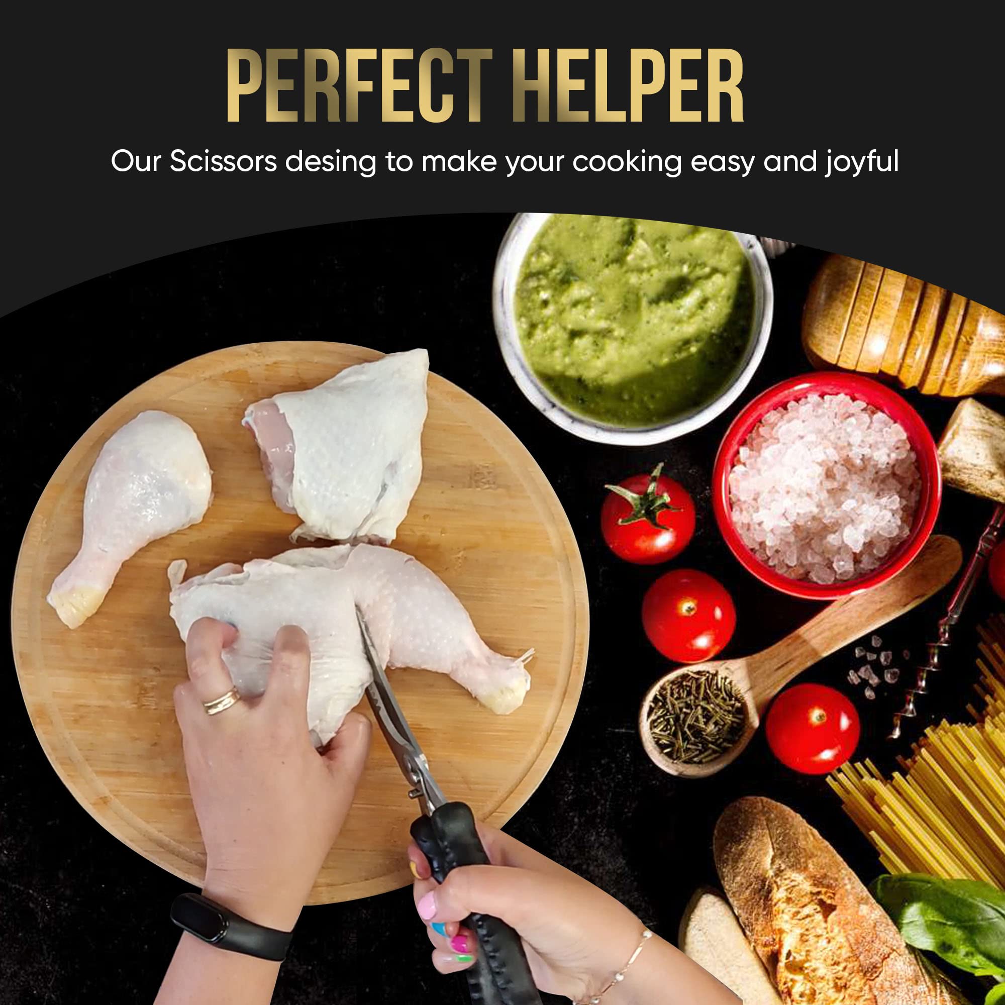 Heavy Duty Kitchen Scissors - Professional Cooking Shears for Chicken, Poultry, Fish & Vegetables - Dishwasher Safe Meat & Bone Cutting Scissors - Perfect for Meal Prep, Butchering & Food Processing