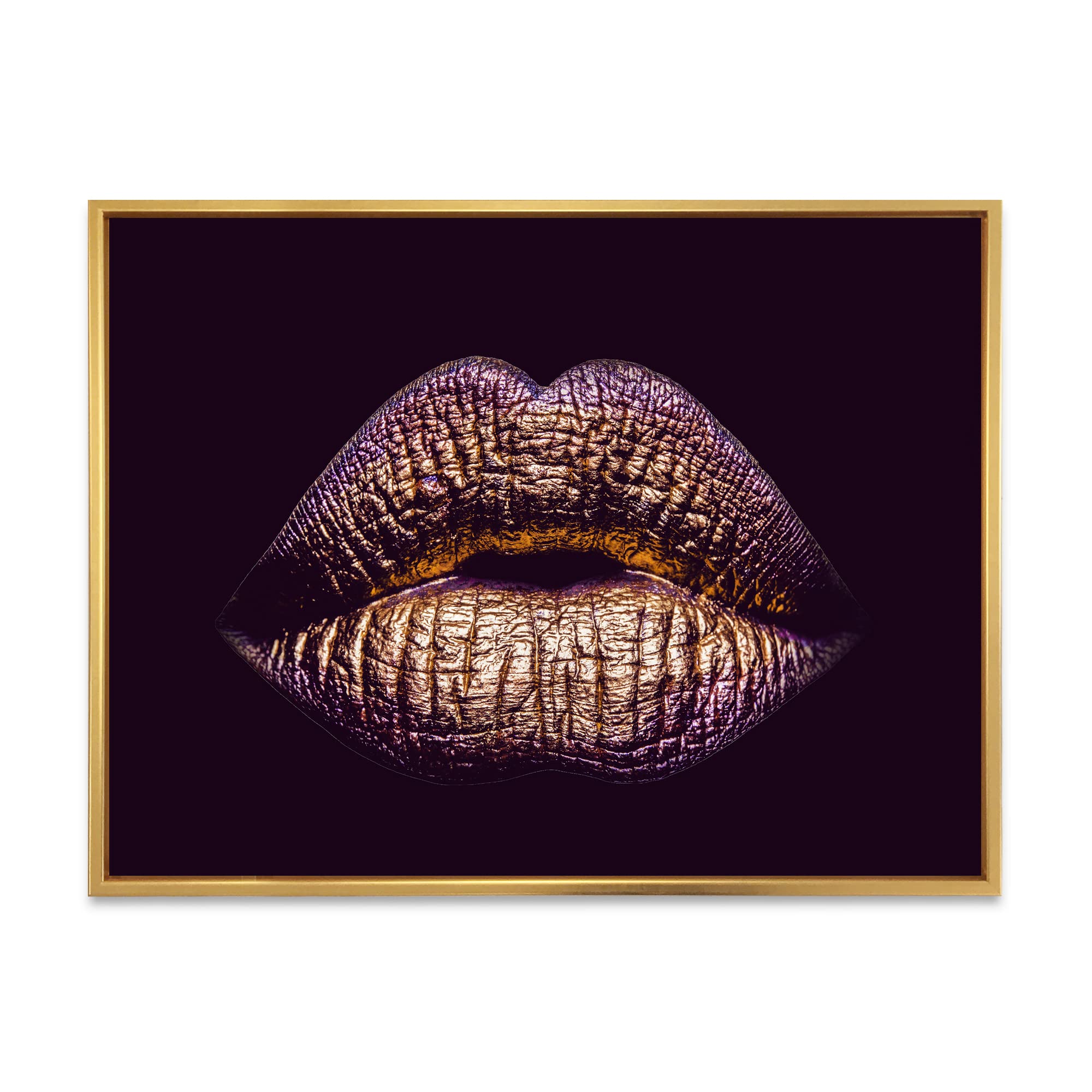 DesignQ Sexy Golden Metallized Female Lips III - Modern Framed Canvas Wall Art Print for Living Room, Bedroom & Office Decor