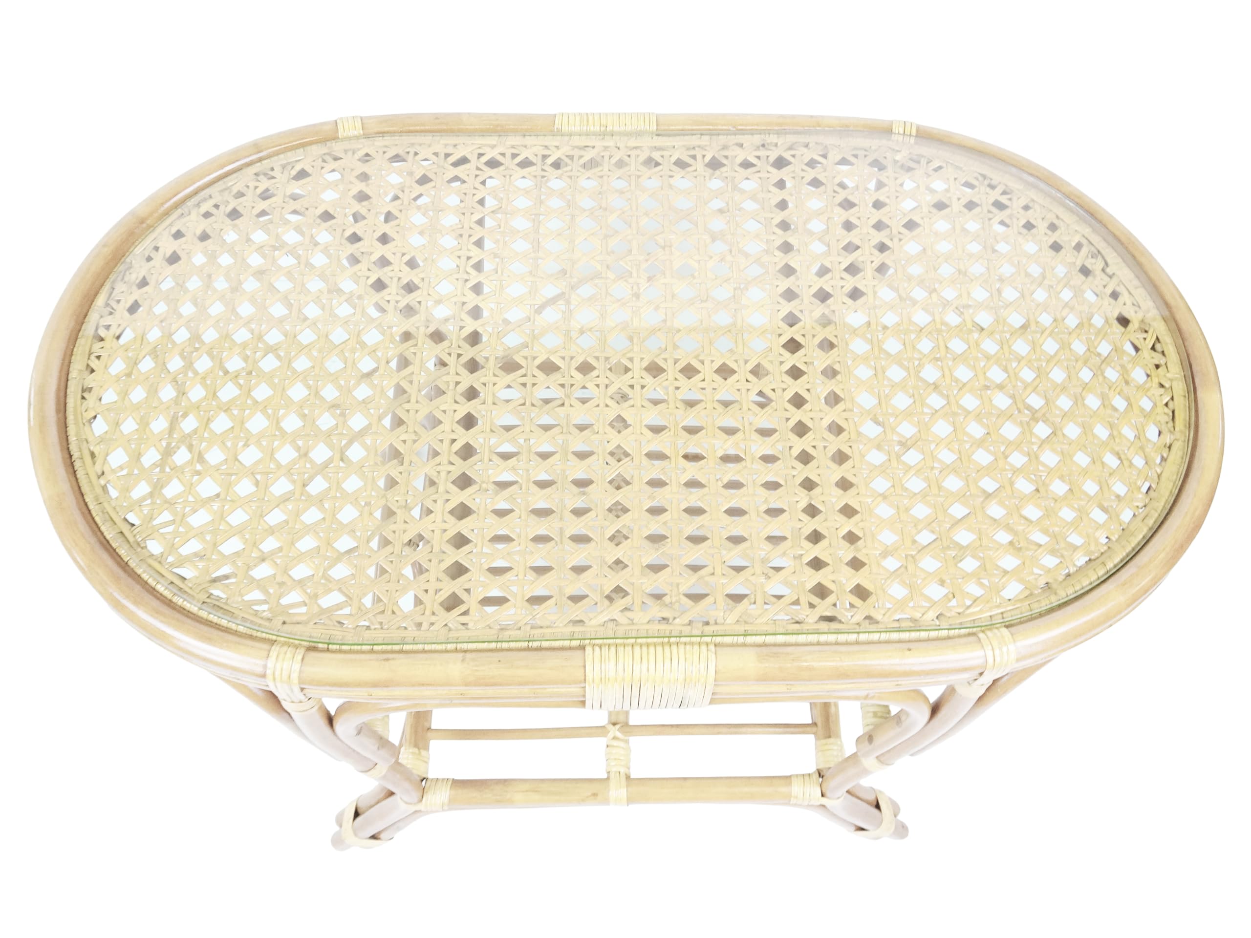 Pelangi Oval Coffee Table - Natural Rattan Wicker with Glass Top | Handmade Eco-Friendly Design for Living Room, Patio & Beach House Decor
