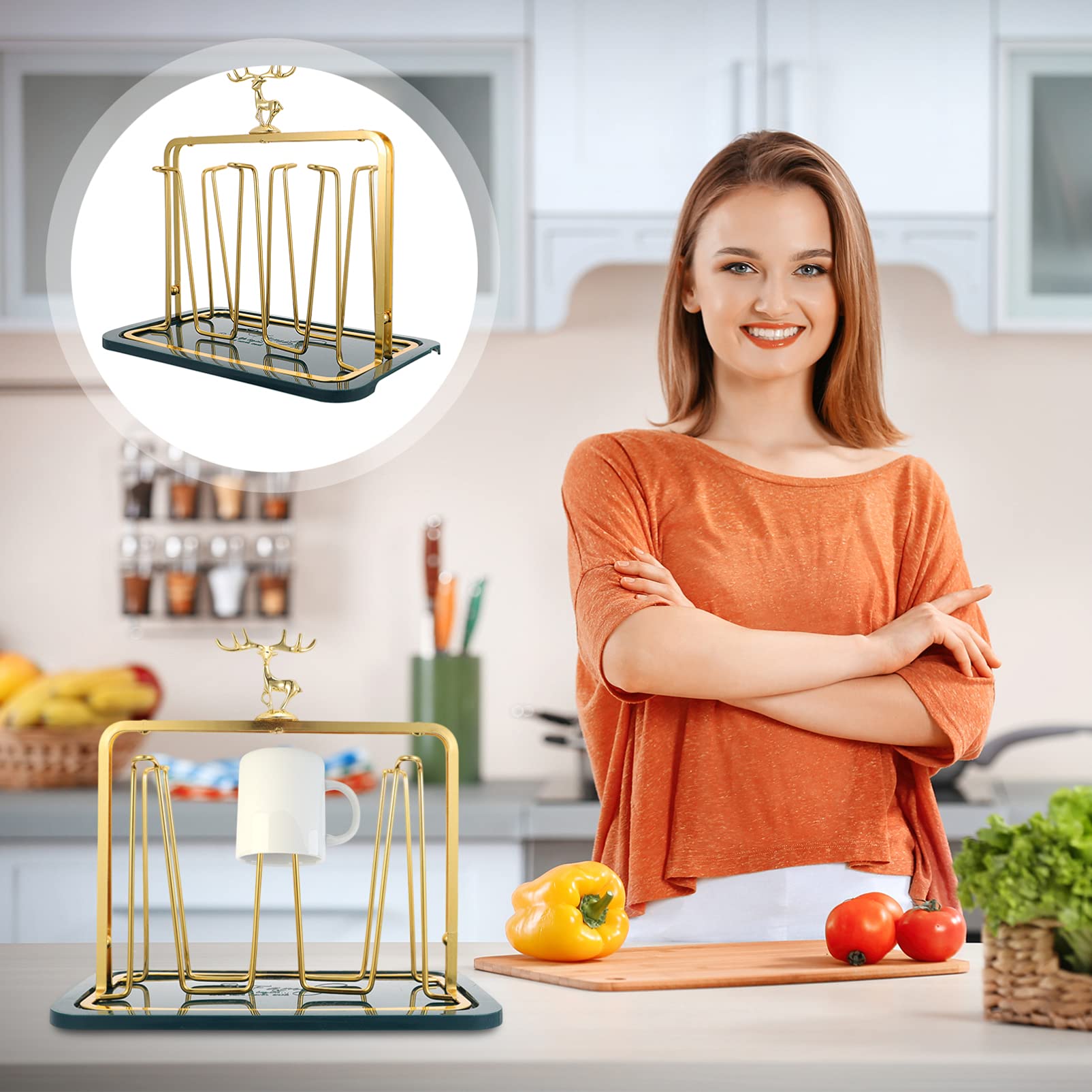 1 Set Desktop Cup Holder Organizer - Kitchen Storage Rack for Glassware, Mugs & Cups - Space Saving Household Cup Stand with 6 Slots - Perfect for Office, Dining Room, Bar Counter and Kitchen Organization