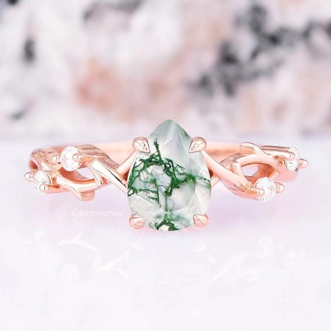 14K Rose Gold Vermeil Green Moss Agate Leaf Ring for Women | Nature-Inspired Jewelry | Perfect for Weddings, Parties & Everyday Wear