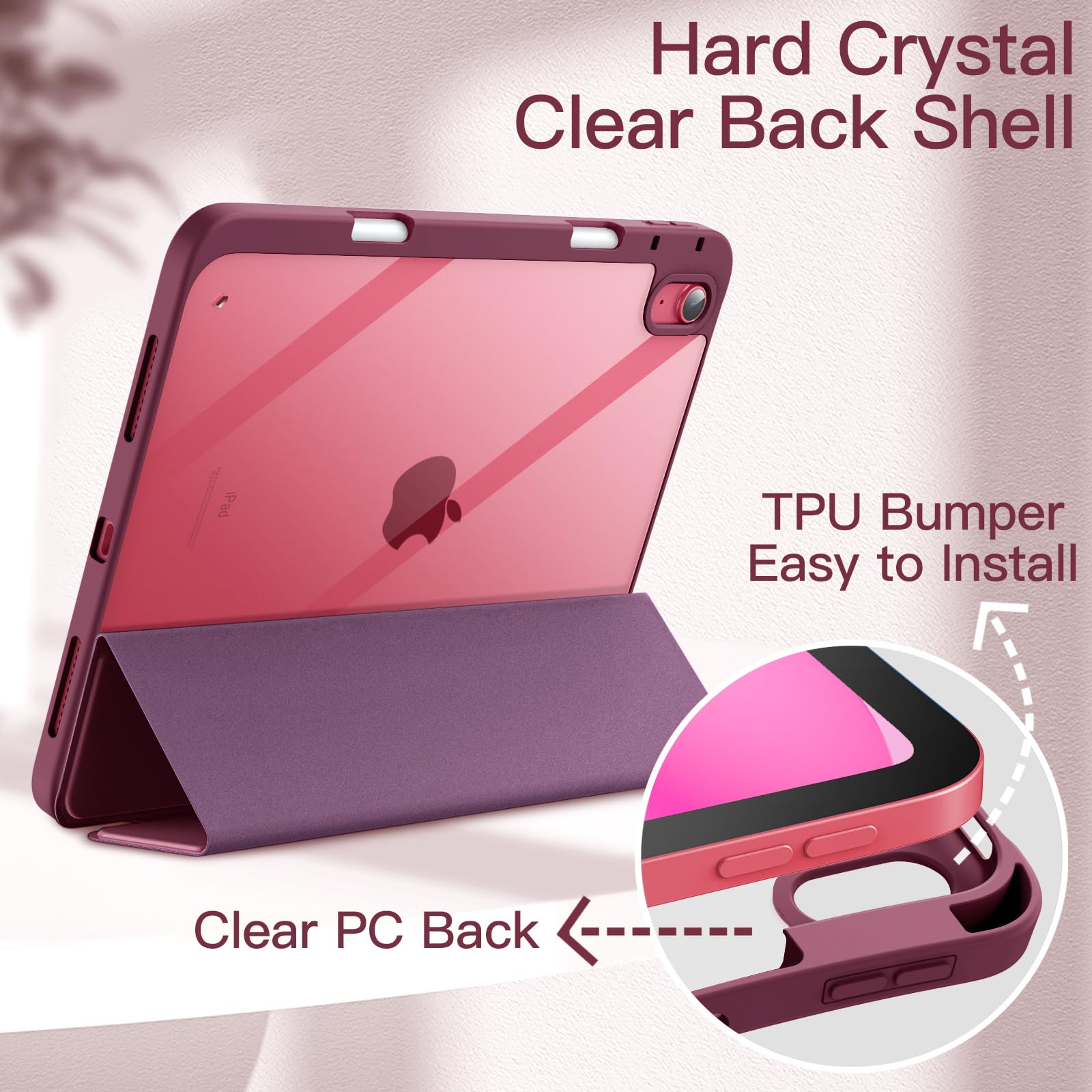 JETech Clear Shockproof iPad Case for iPad 11th/10th Gen (2025/2022, Model A16) - Slim Stand Cover with Pencil Holder & Auto Wake/Sleep - Perfect for Work, School, and Travel (Wine Red)