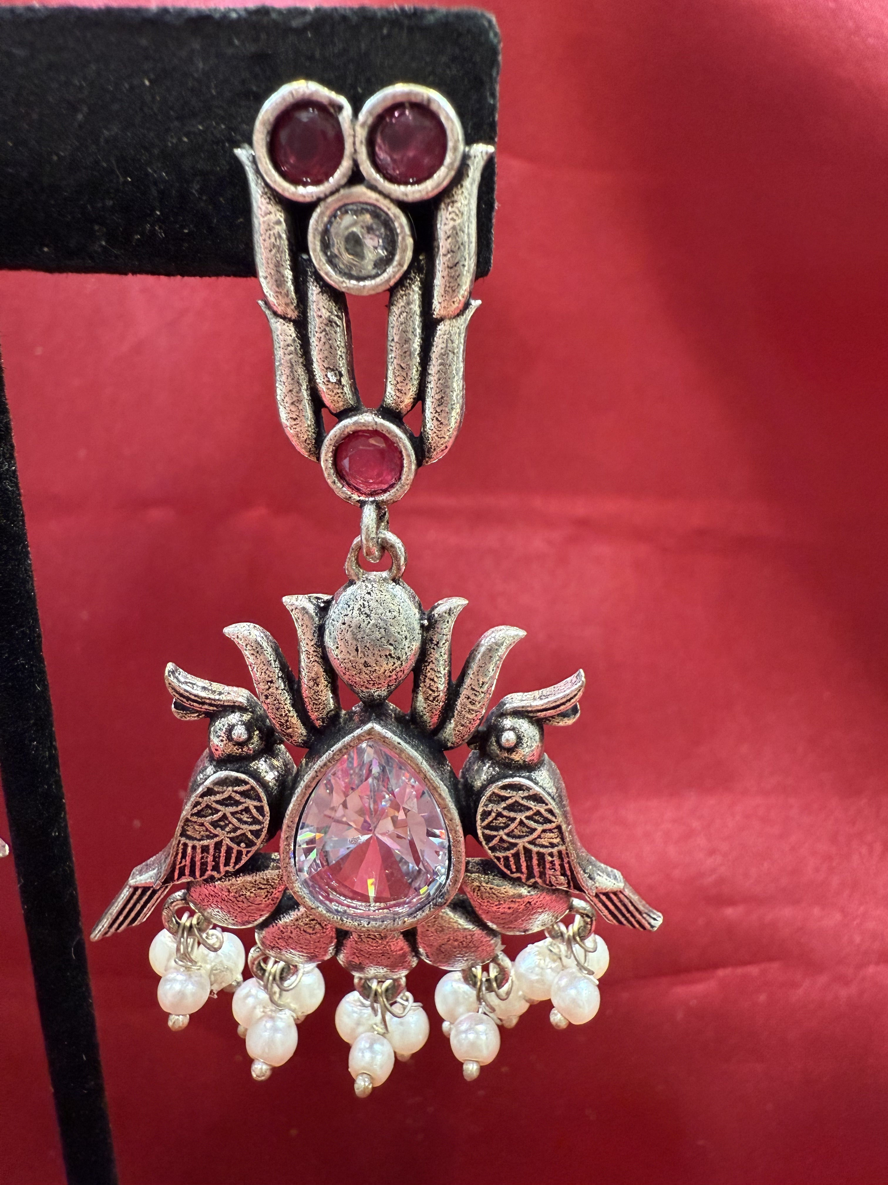 Elegant Silver & Magenta Stone Bird Design Oxidized Beaded Earrings for Women - Perfect for Parties, Weddings & Special Occasions