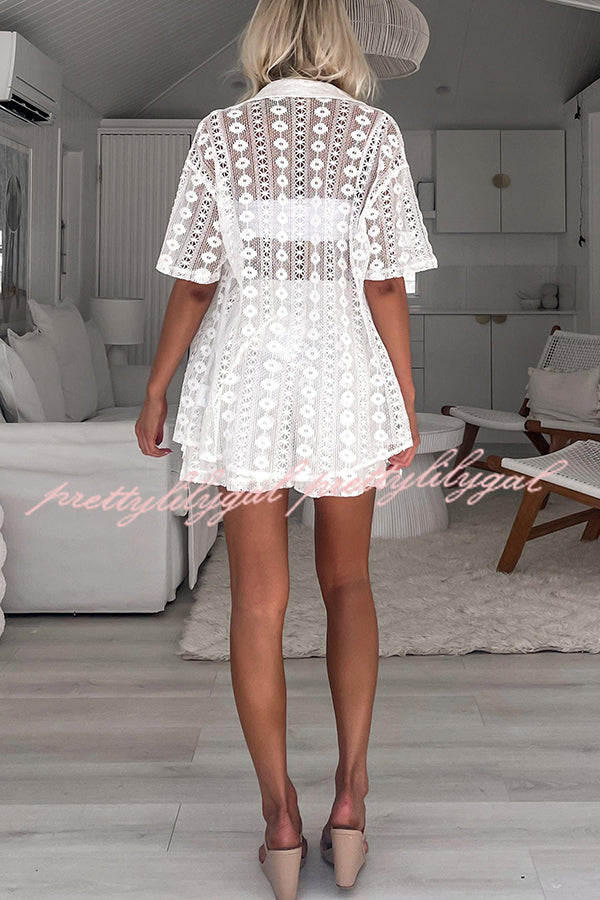 Floral Lace Short Sleeve Loose Blouse - Women's Summer Boho Top for Beach, Vacation & Casual Outings