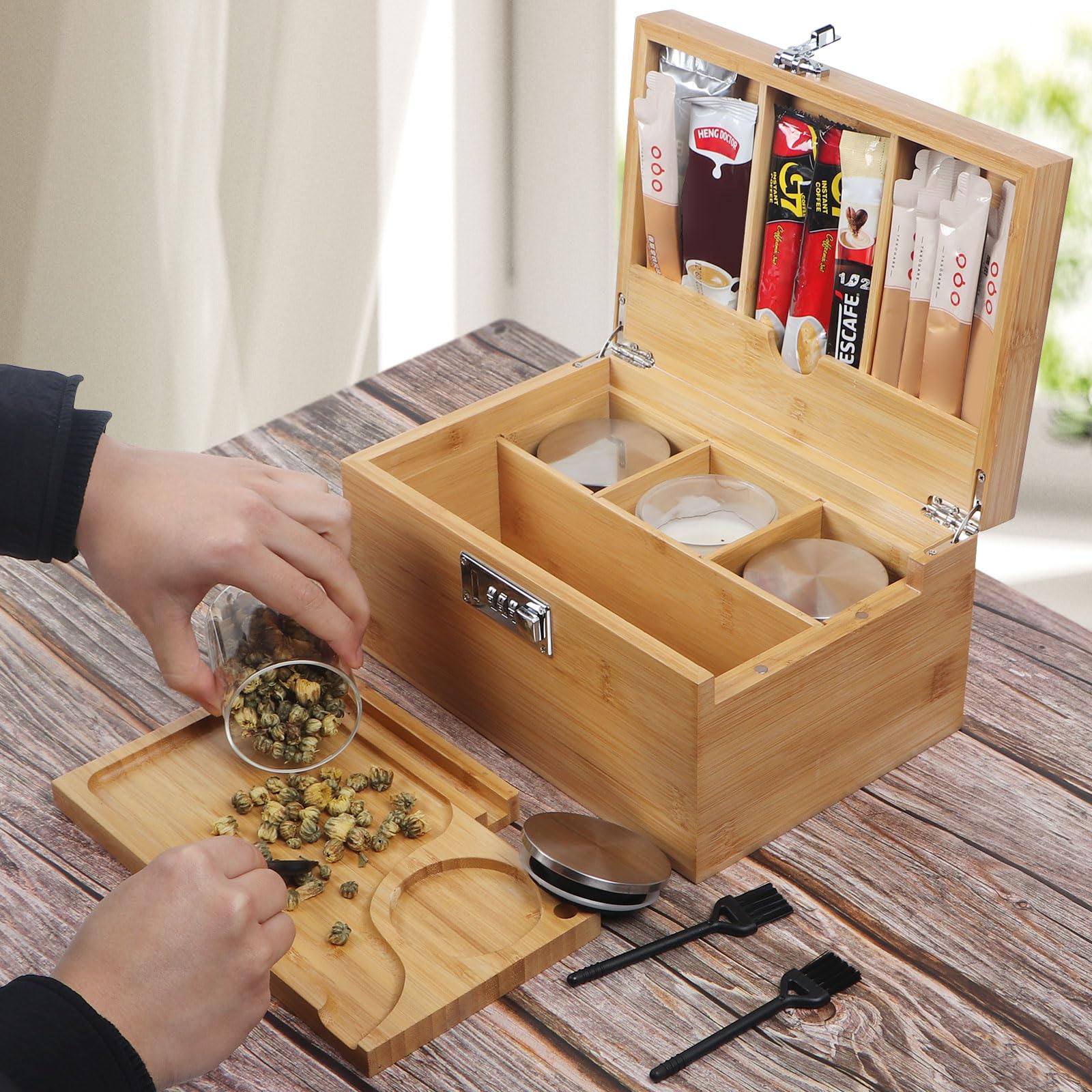 Large Bamboo Storage Box with Combination Lock - Decorative Wooden Organizer with Removable Compartments, Includes Glass Jars & Brushes - Perfect for Home Organization, Jewelry Storage & Gift Giving