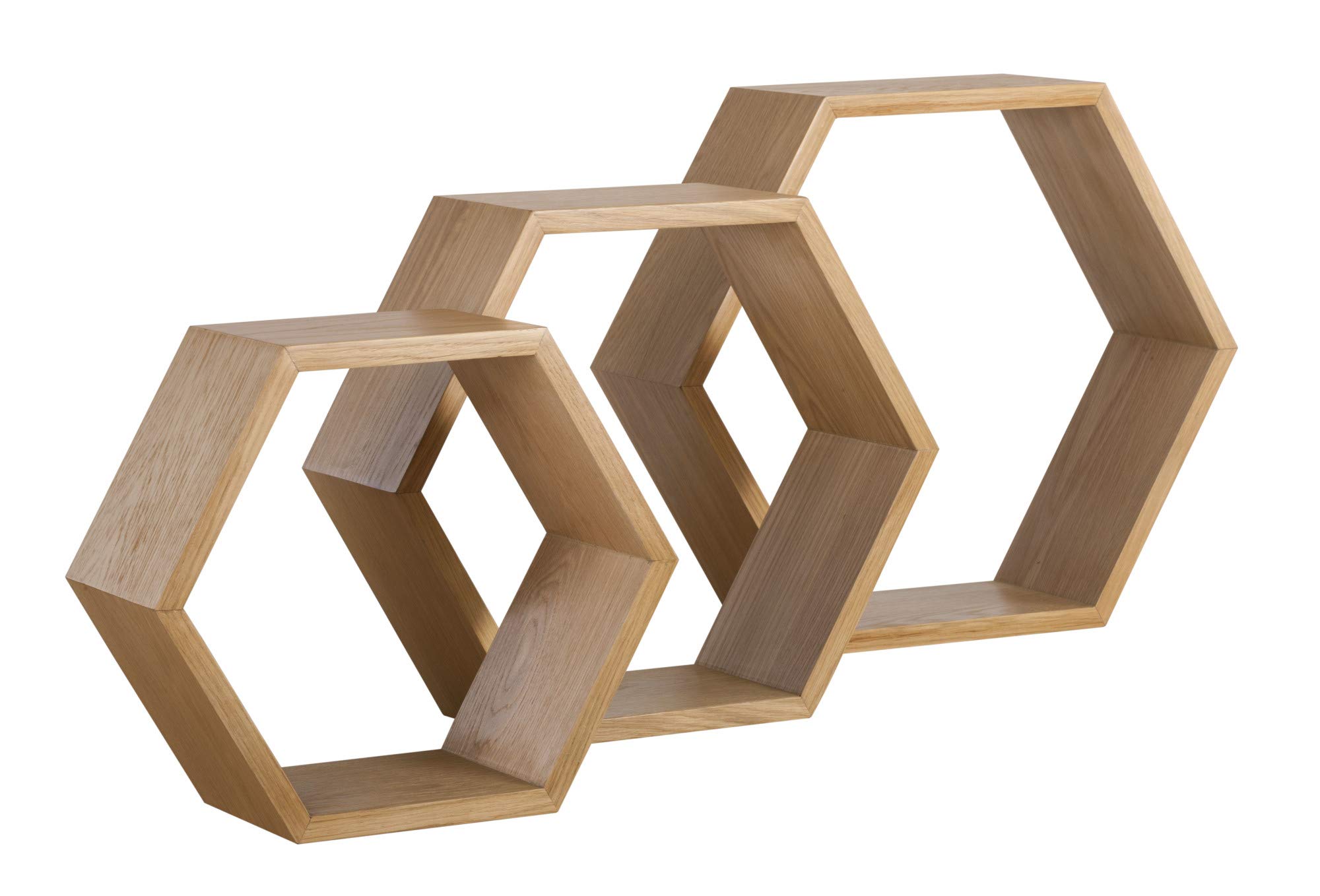Hexagon Floating Shelves Set of 3 - Honeycomb Wall Shelves Small Medium Large - Farmhouse Wooden Wall Decor for Living Room, Bedroom, Hallway - Oak Storage Shelves - Perfect for Displaying Photos, Plants and Home Decor