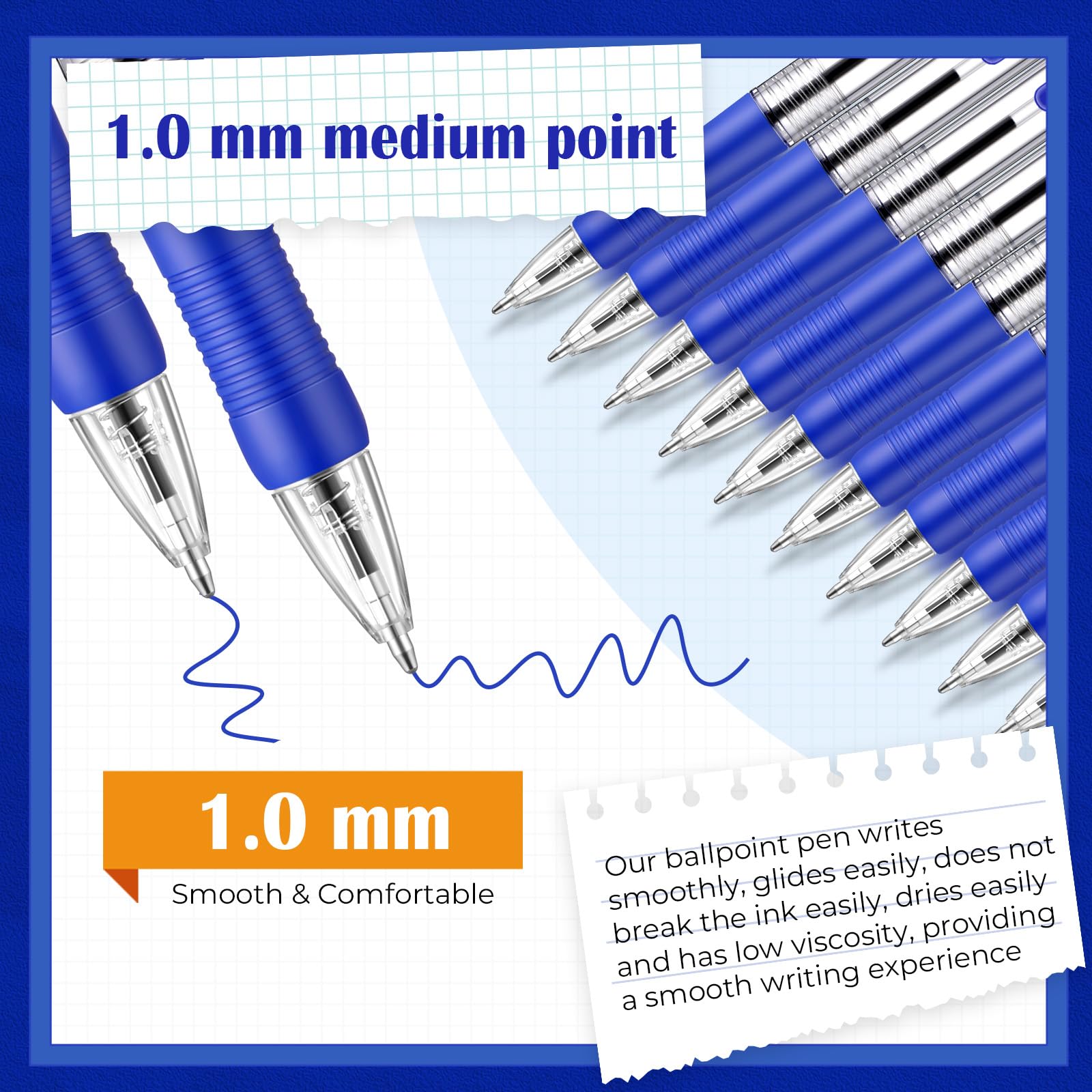 Fulmoon 100 Pack Retractable Ballpoint Pens - 1.0mm Medium Point Smooth Writing Gel Ink Pens (Blue) for Office, School, Journaling & Home Use - Perfect for Note Taking, Bullet Journaling & Everyday Writing Tasks