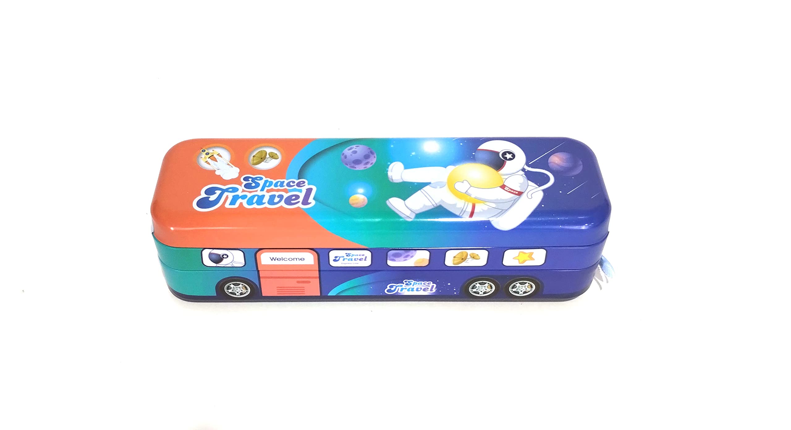 Anvi Cartoon Printed Metal Bus-Shaped Pull Back Pencil Case with Functional Wheels | 3 Compartment School Supply Organizer | Fun String-Operated Toy for Kids | Perfect Birthday Gift for Boys & Girls (Space Travel Design) - Great for School, Travel & Playtime