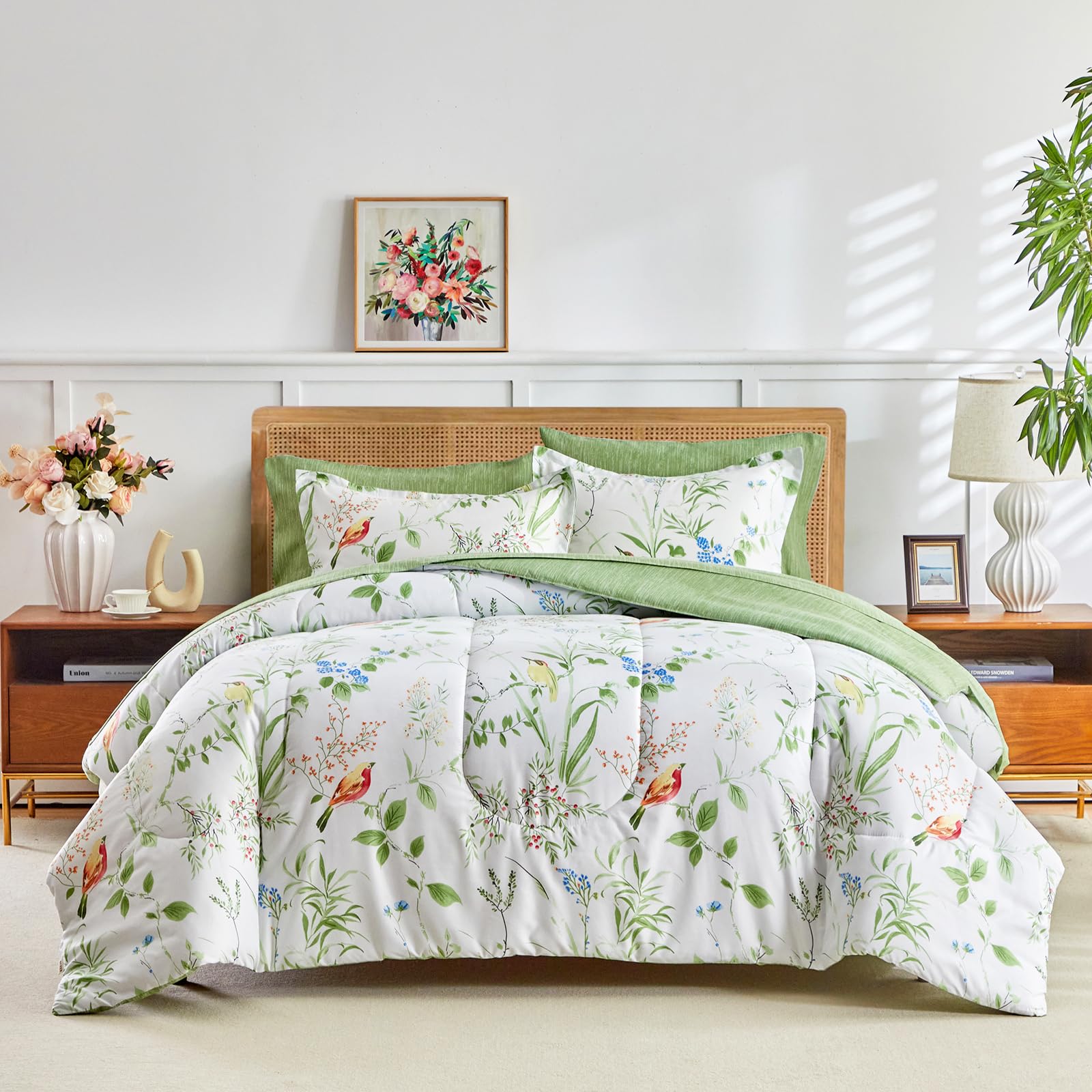 Joyreap 6-Piece Twin Bed in a Bag Set - Floral Comforter & Sheet Set with Green Leaves & Colorful Birds on White Design | All-Season Microfiber Bedding for Kids, Teens & Guest Rooms | Soft, Breathable & Easy Care