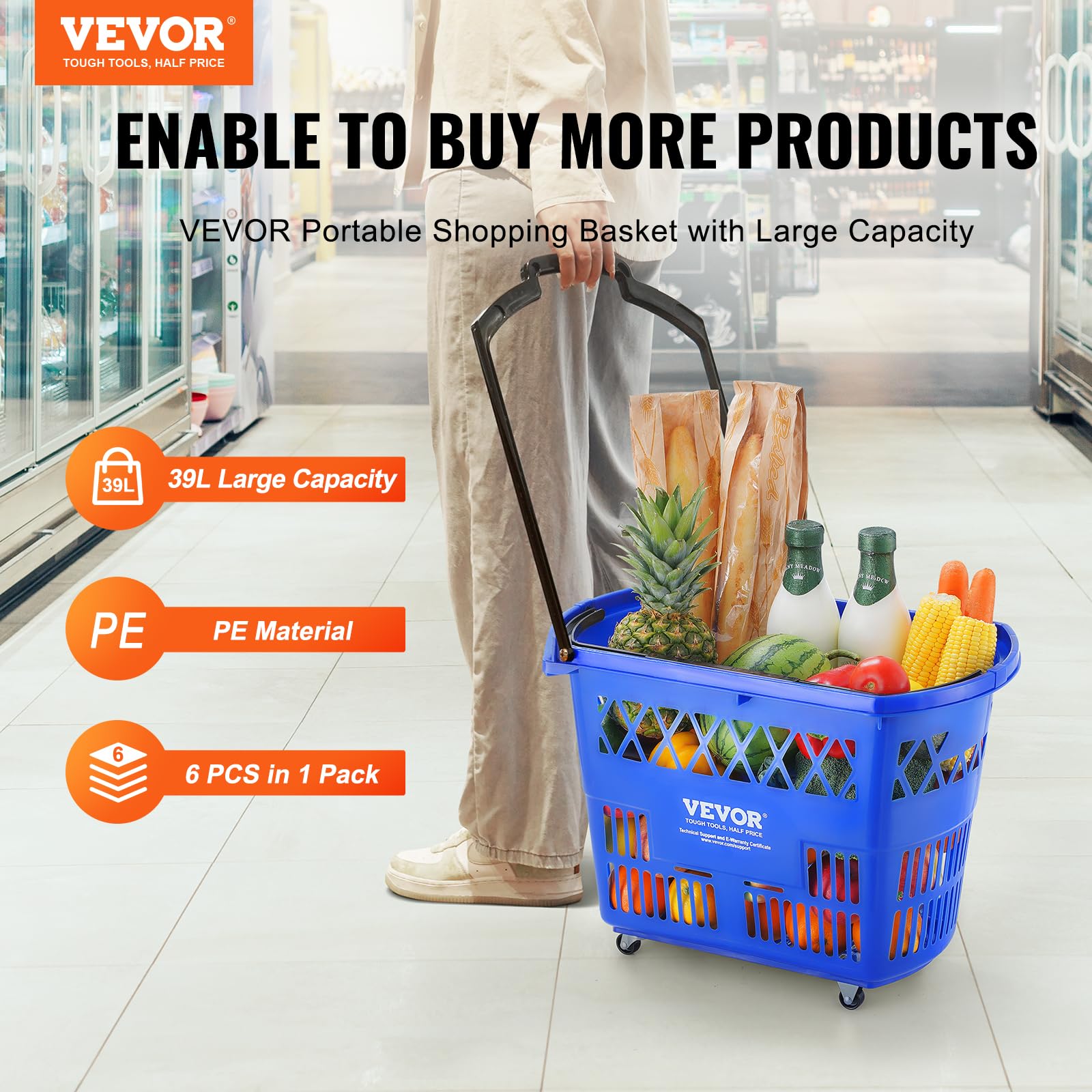 VEVOR 6-Piece 39L Rolling Shopping Baskets with Handles & Wheels - Large Plastic Shopping Cart for Supermarkets, Retail Stores & Grocery Shopping - Portable & Durable for Home, Office & Commercial Use (Blue)