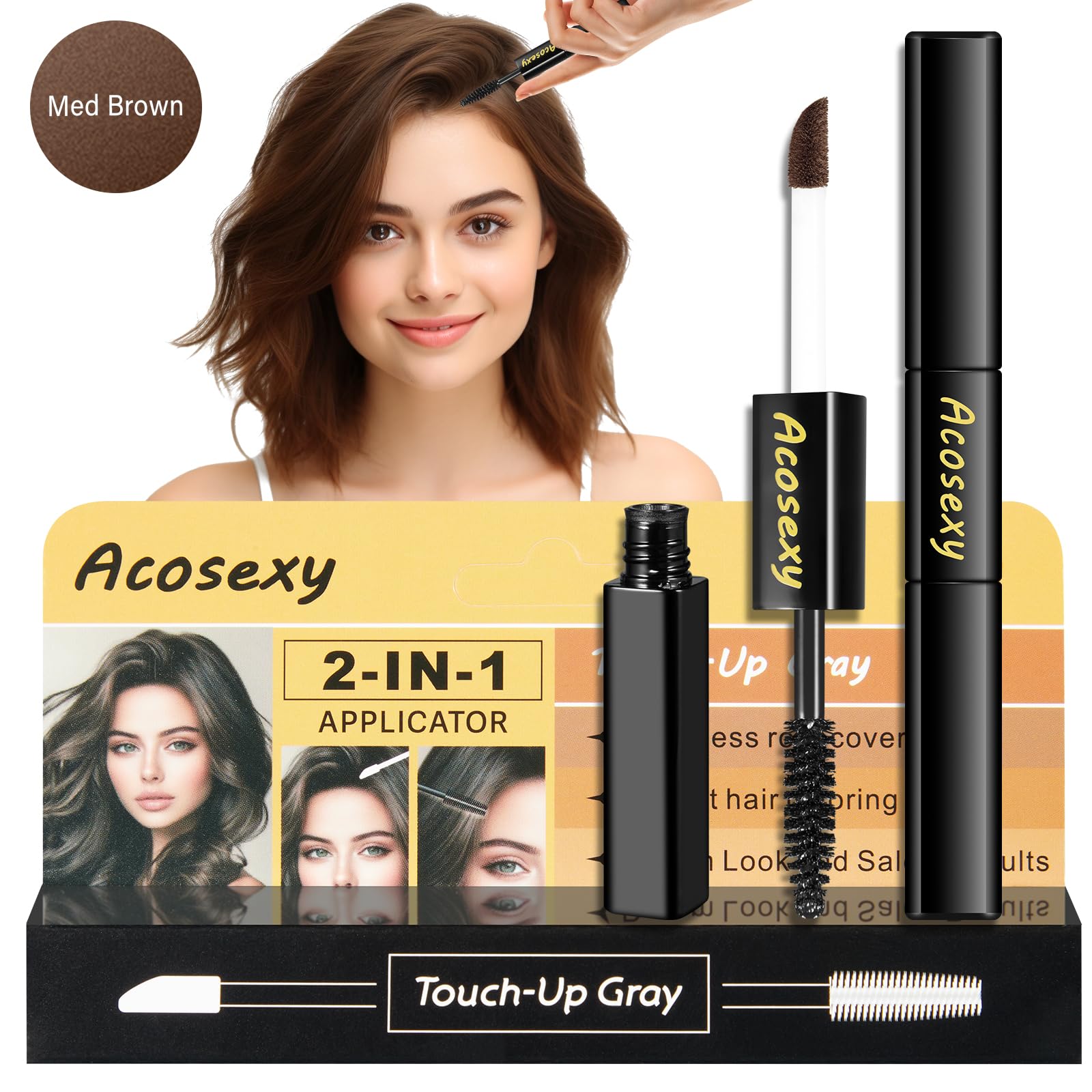 Gray Root Touch Up Brush - Quick Cover Hair Concealer Wand, Water-Resistant Temporary Gray Coverage for Roots, Mustache & Beard (Medium Brown, 1 Pack) - Perfect for Travel, Work & Everyday Use