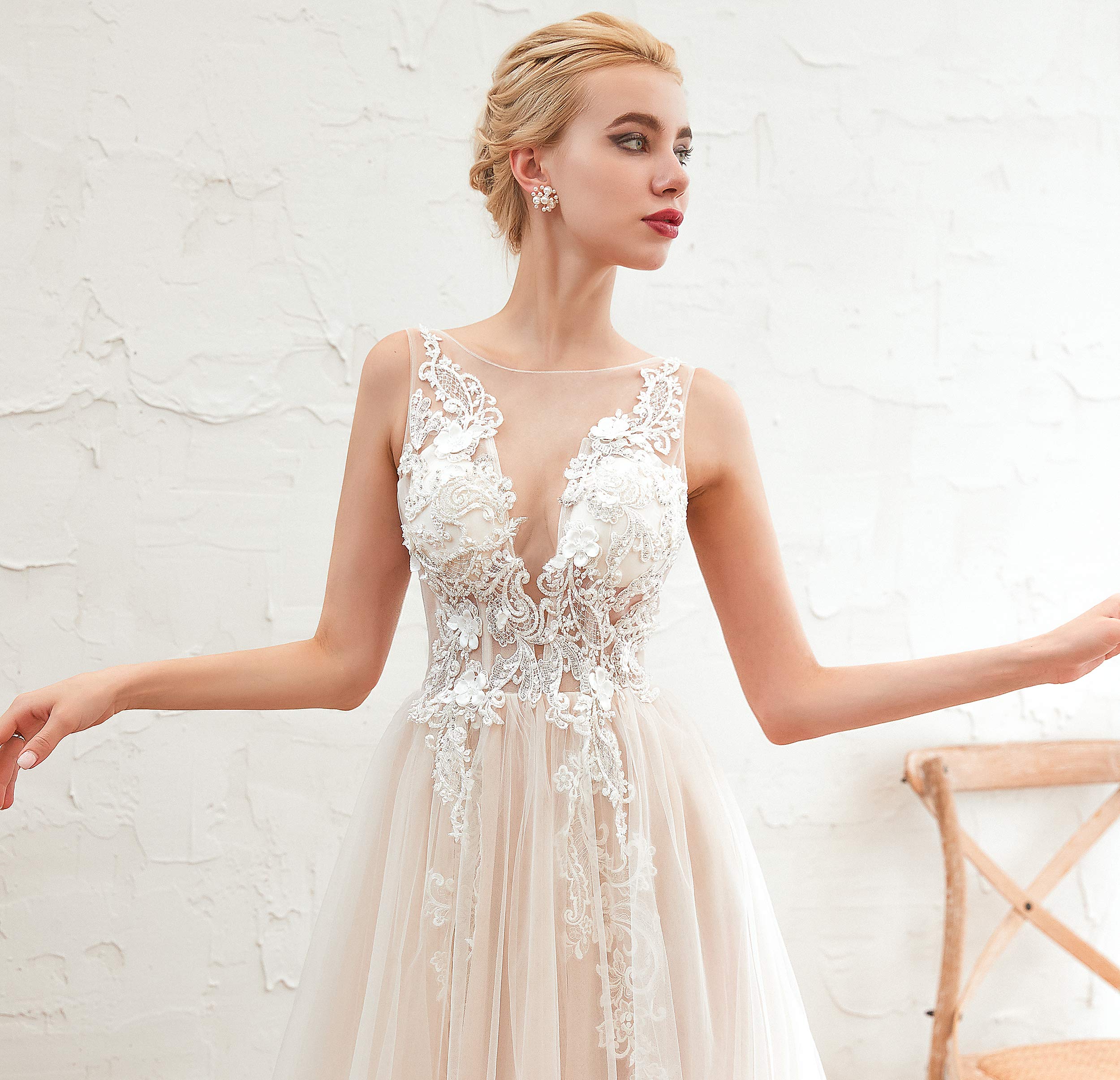 Elegant Women's Scoop Neck Beaded Applique Lace-up Beach Wedding Dress | Perfect for Beach Weddings, Destination Elopements & Boho Bridal Photoshoots
