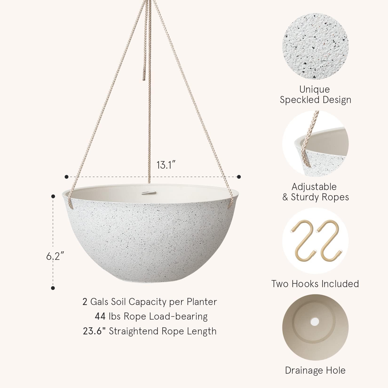 LA JOLIE MUSE 13 Inch Large Hanging Planters for Outdoor Plants - Set of 2 Speckled White Flower Pots for Patio, Garden & Balcony Decor
